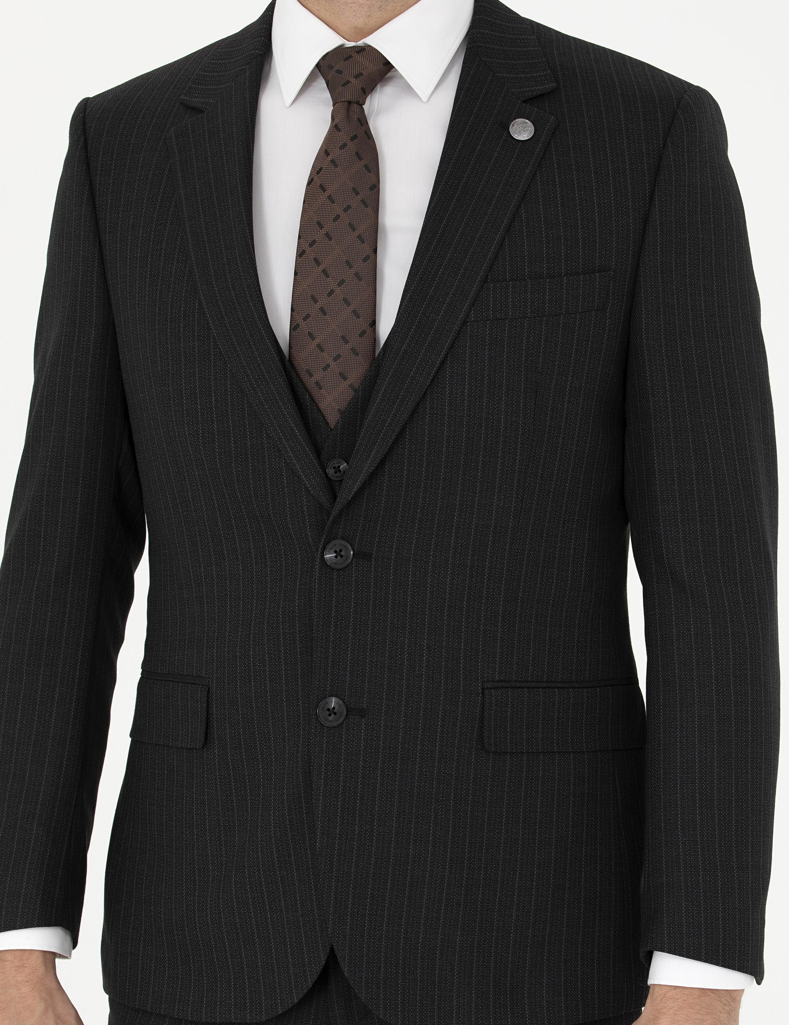 Siyah Slim Fit Çizgili Yelekli Takım Elbise