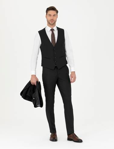 Siyah Slim Fit Çizgili Yelekli Takım Elbise