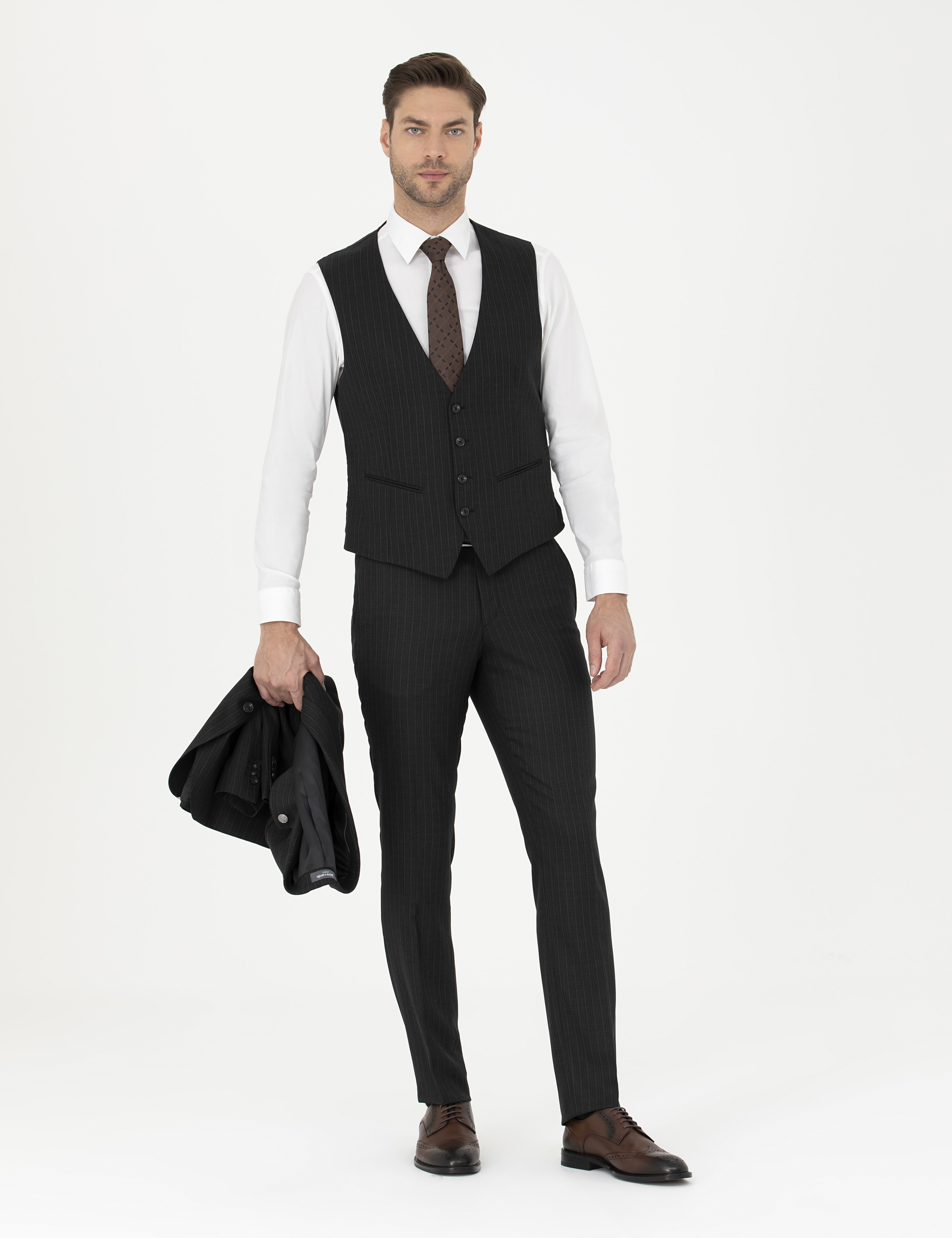 Siyah Slim Fit Çizgili Yelekli Takım Elbise - Image 2