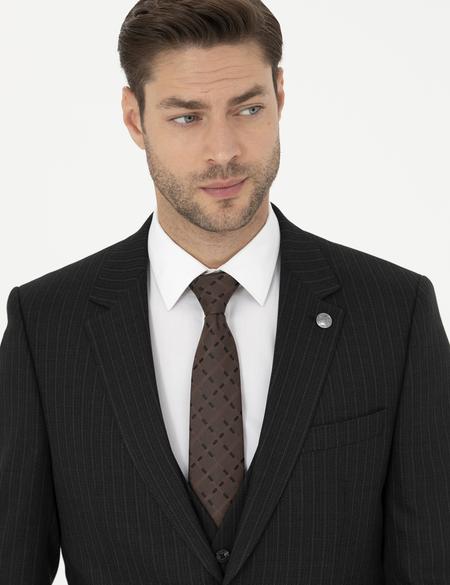 Siyah Slim Fit Çizgili Yelekli Takım Elbise - 50285266026