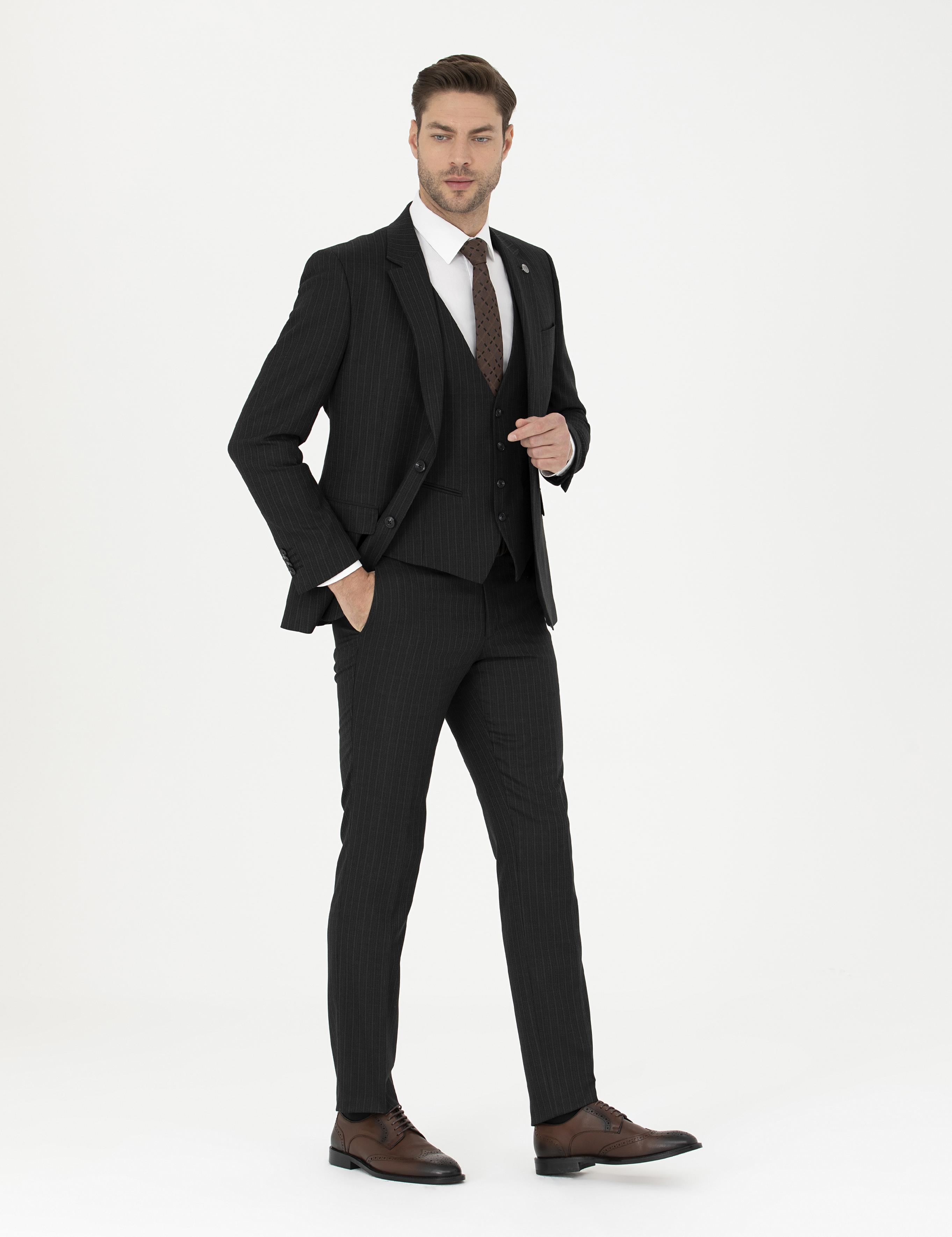 Siyah Slim Fit Çizgili Yelekli Takım Elbise