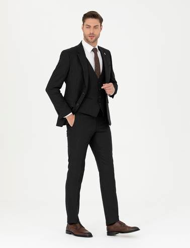 Siyah Slim Fit Çizgili Yelekli Takım Elbise