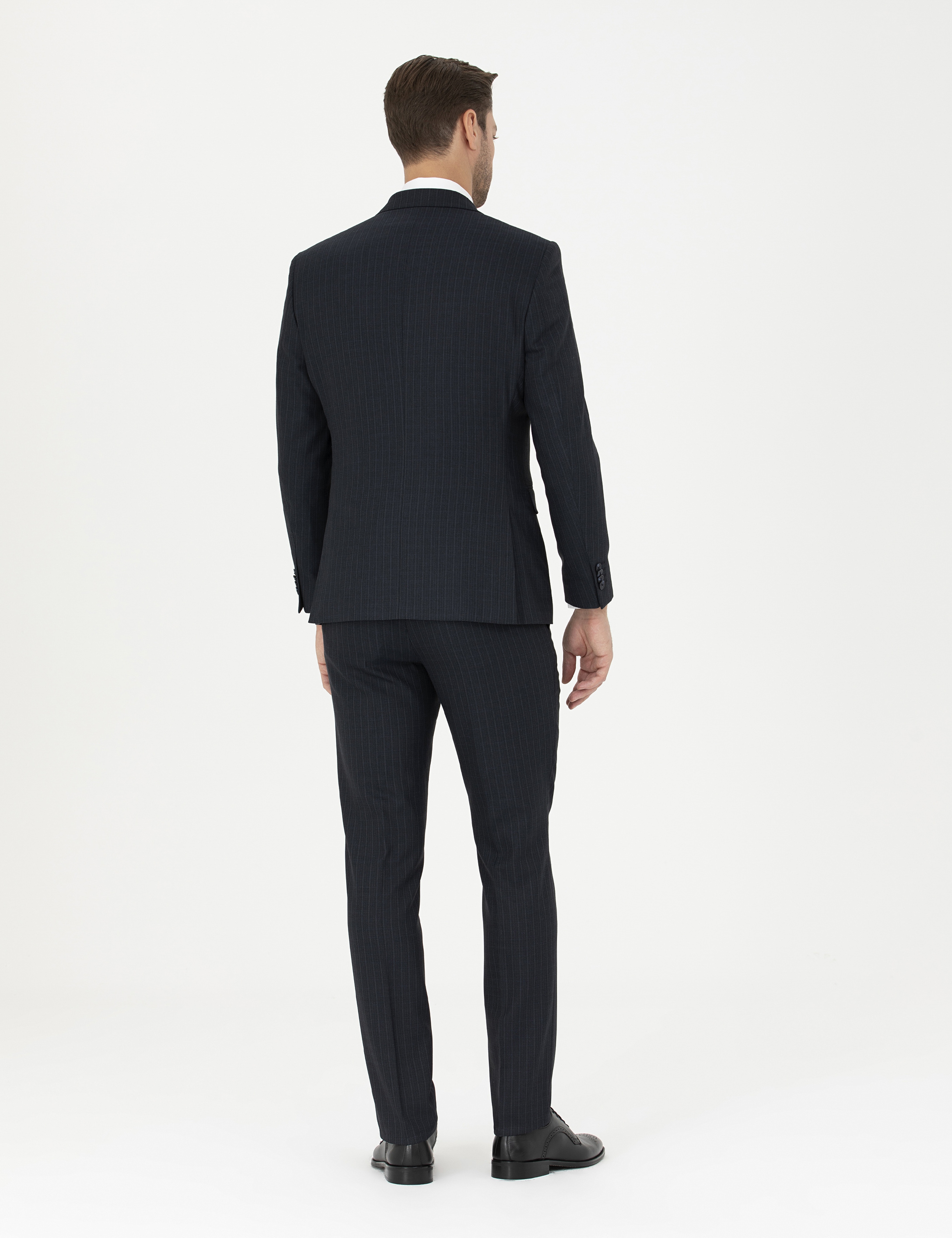 Lacivert Slim Fit Çizgili Yelekli Takım Elbise