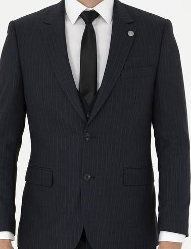 Lacivert Slim Fit Çizgili Yelekli Takım Elbise