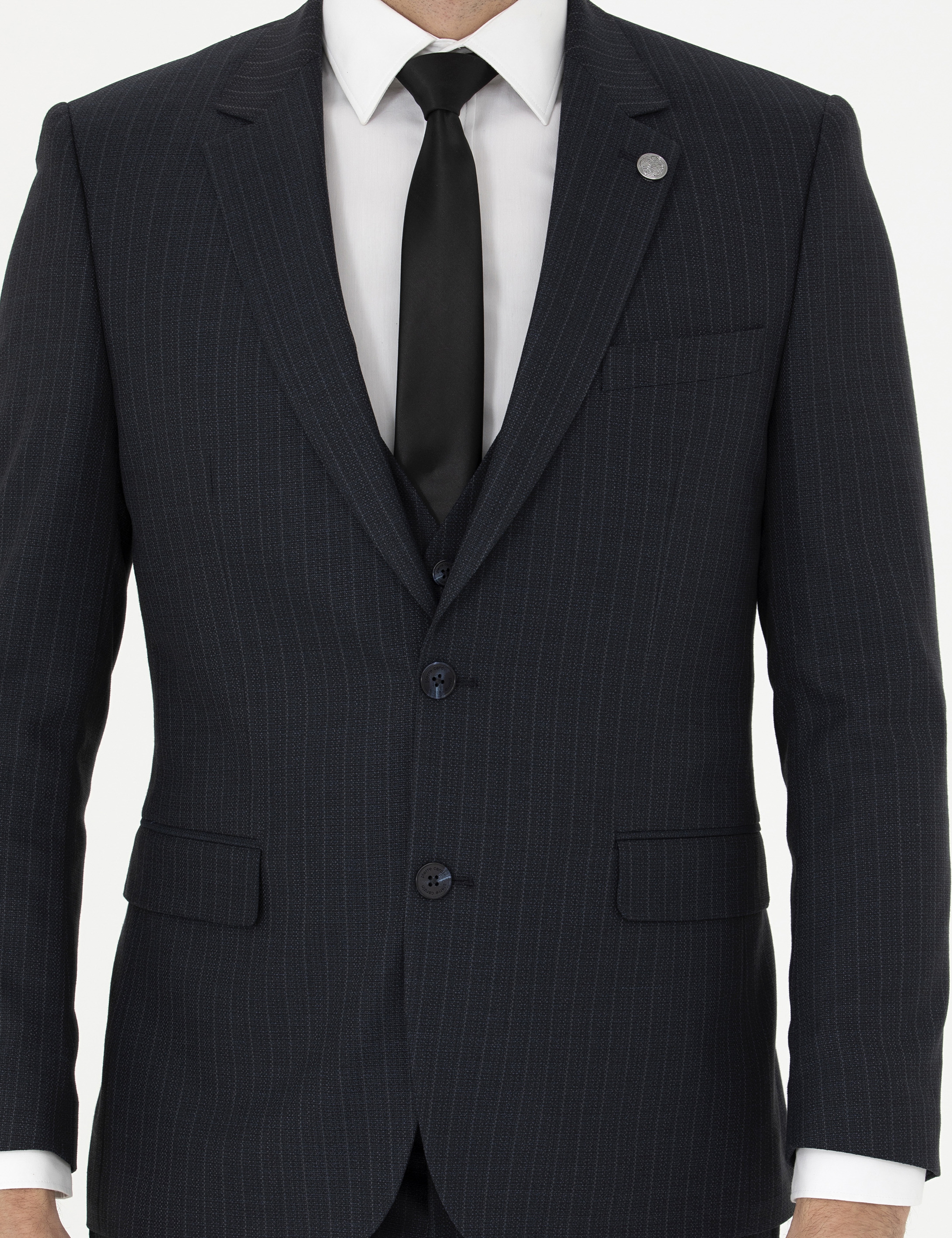 Lacivert Slim Fit Çizgili Yelekli Takım Elbise