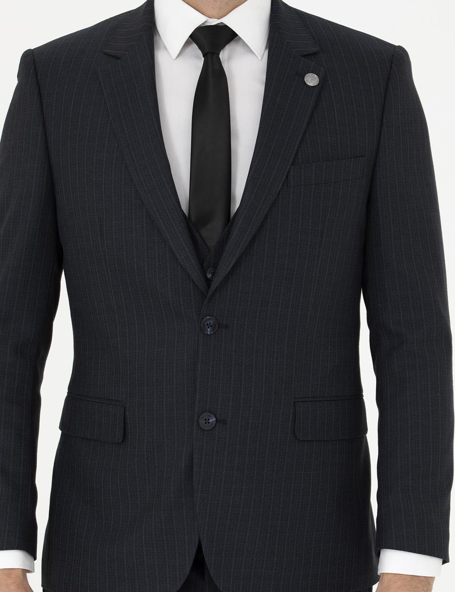 Lacivert Slim Fit Çizgili Yelekli Takım Elbise