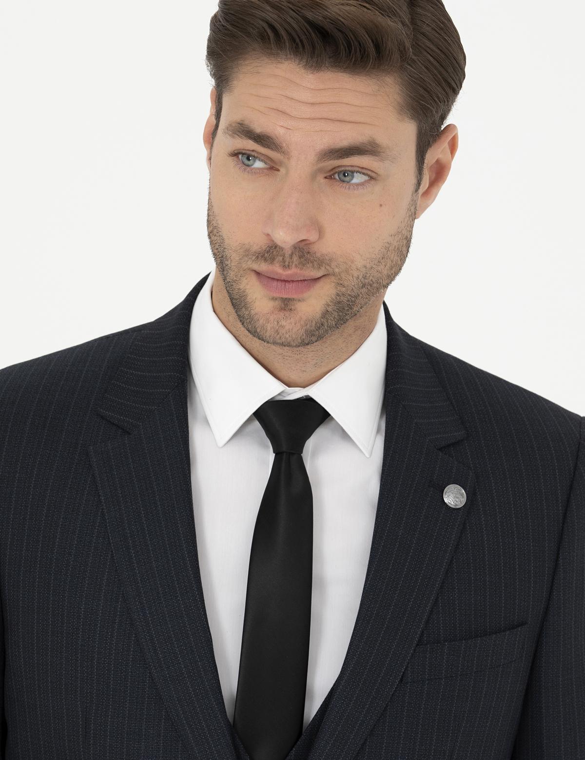 Lacivert Slim Fit Çizgili Yelekli Takım Elbise - 50285266044