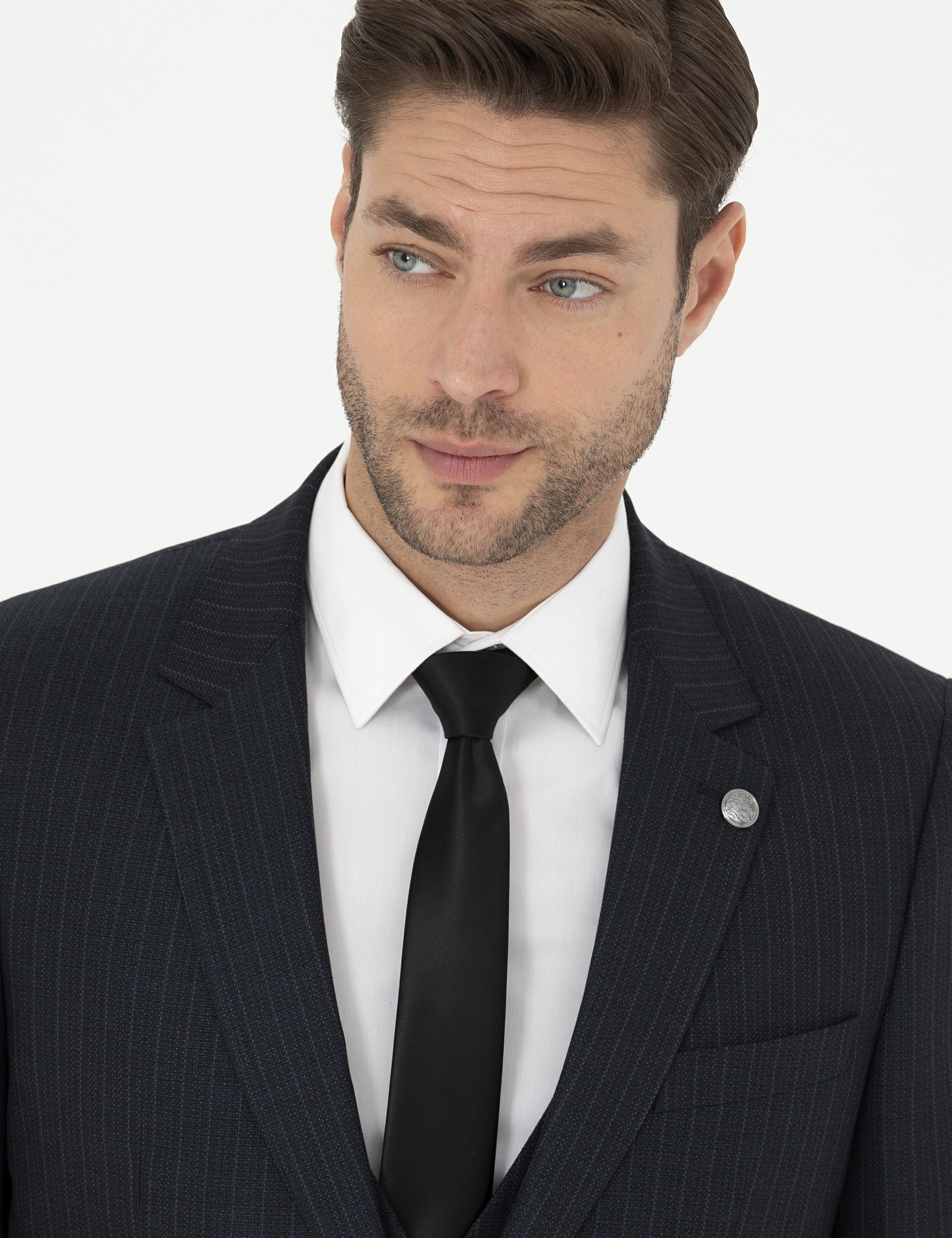 Lacivert Slim Fit Çizgili Yelekli Takım Elbise