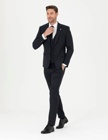 Lacivert Slim Fit Çizgili Yelekli Takım Elbise