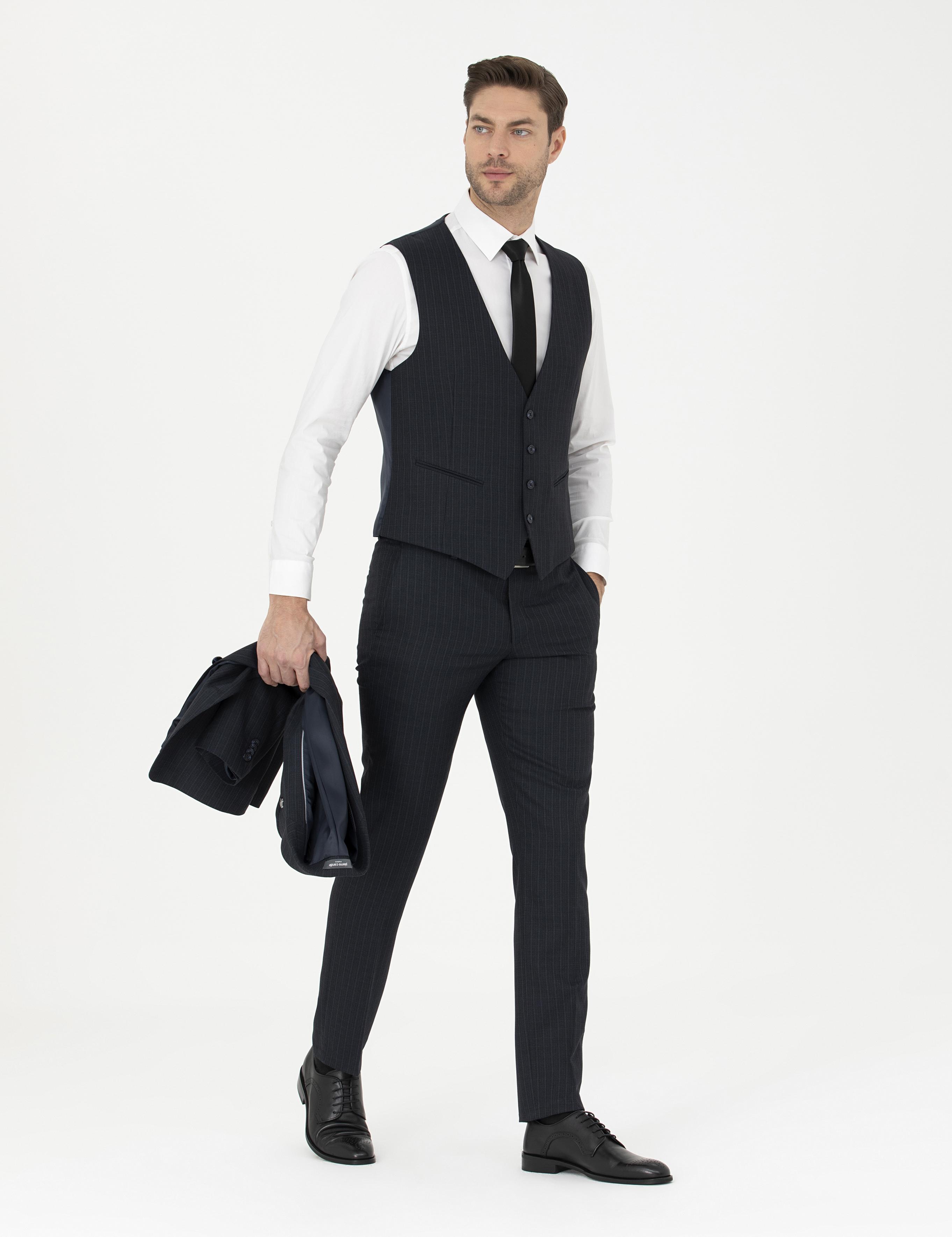 Lacivert Slim Fit Çizgili Yelekli Takım Elbise