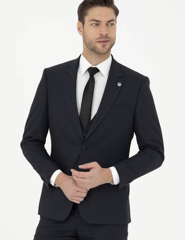 Lacivert Slim Fit Çizgili Yelekli Takım Elbise