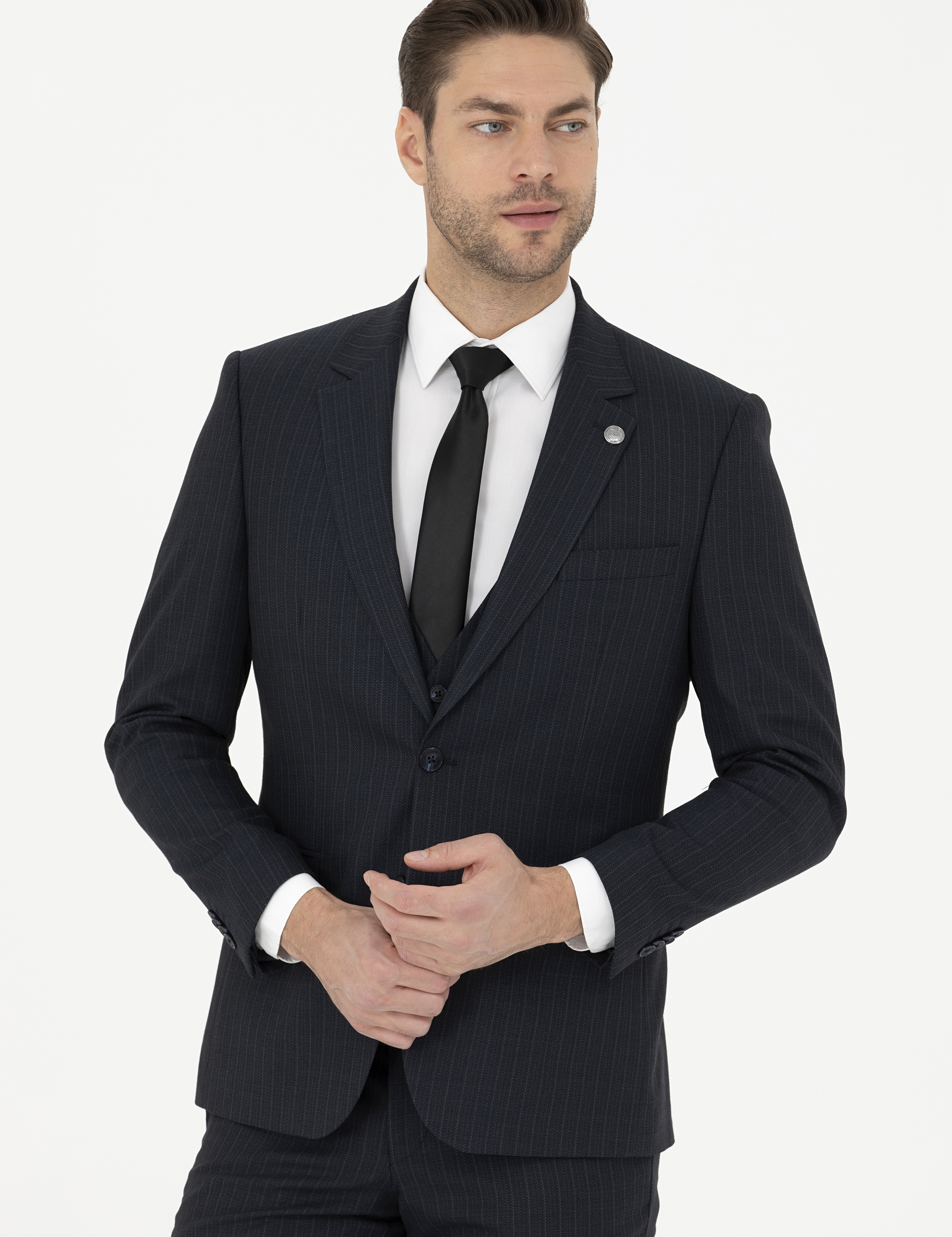 Lacivert Slim Fit Çizgili Yelekli Takım Elbise - Image 4