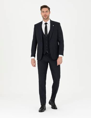Lacivert Slim Fit Çizgili Yelekli Takım Elbise