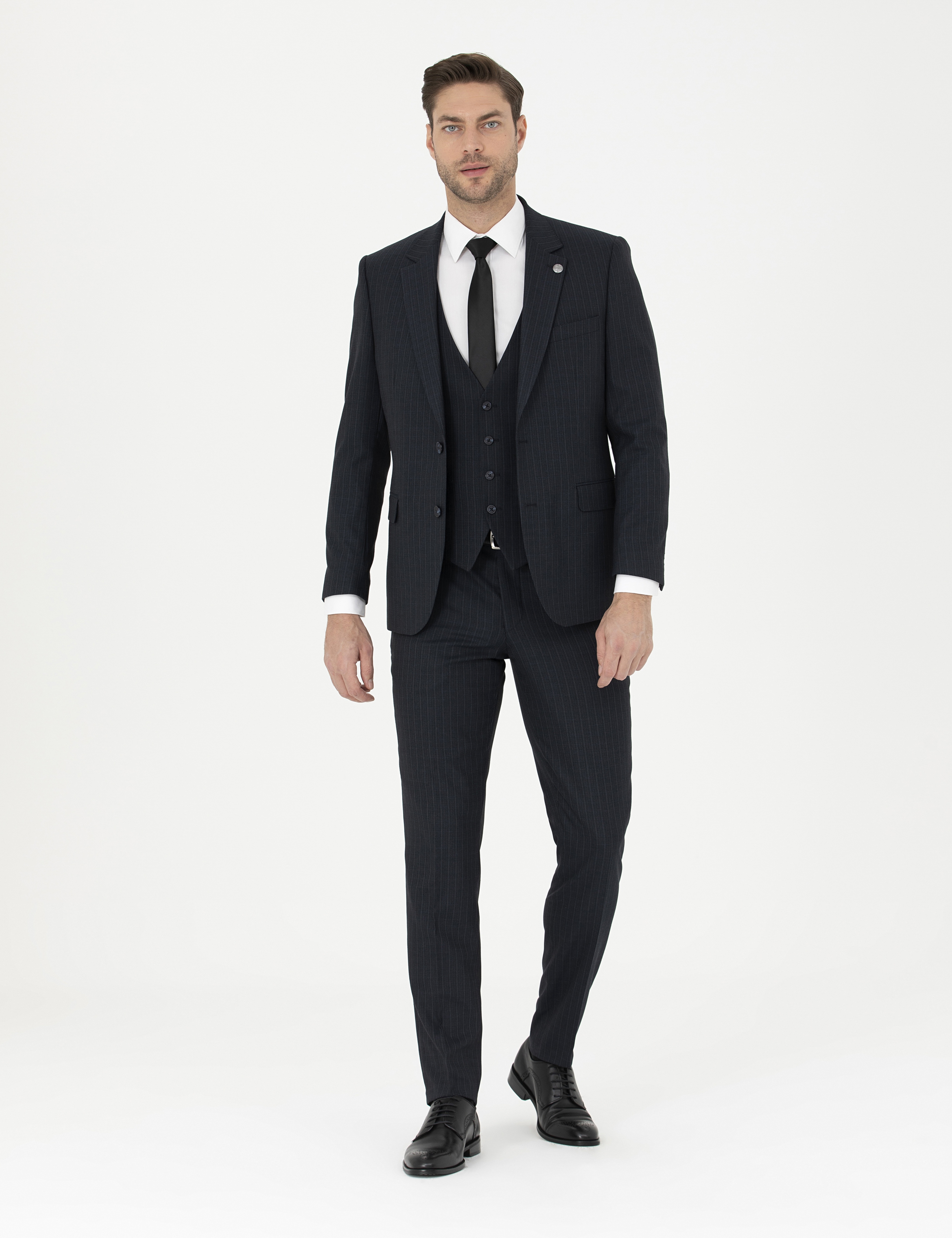 Lacivert Slim Fit Çizgili Yelekli Takım Elbise