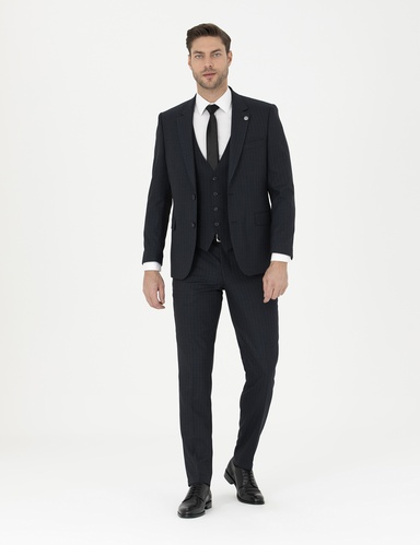 Lacivert Slim Fit Çizgili Yelekli Takım Elbise