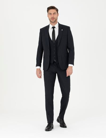 Lacivert Slim Fit Çizgili Yelekli Takım Elbise - 50285266044