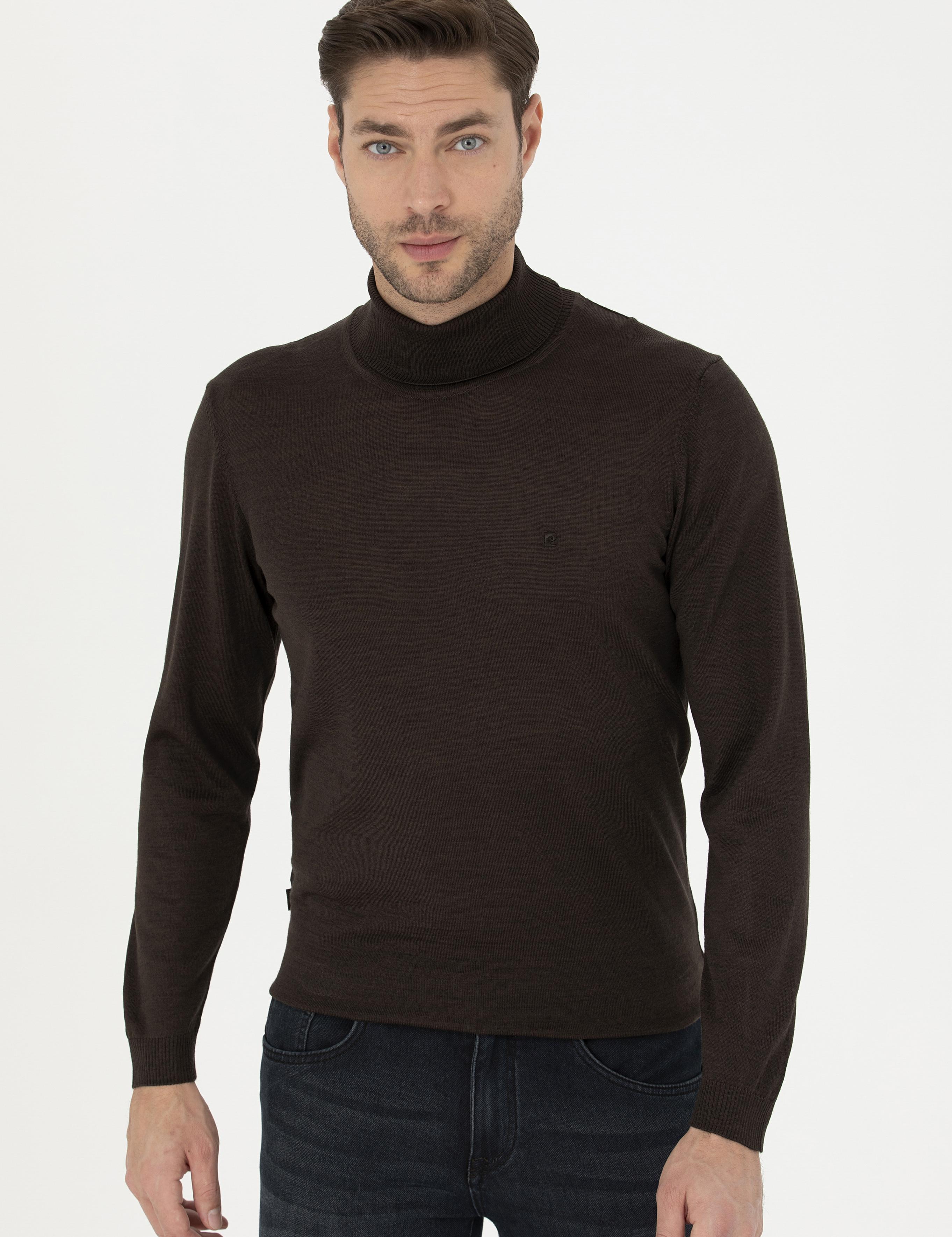 Kahverengi Slim Fit Balıkçı Yaka Yün Karışımlı Basic Triko Kazak