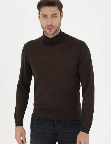 Kahverengi Slim Fit Balıkçı Yaka Yün Karışımlı Basic Triko Kazak