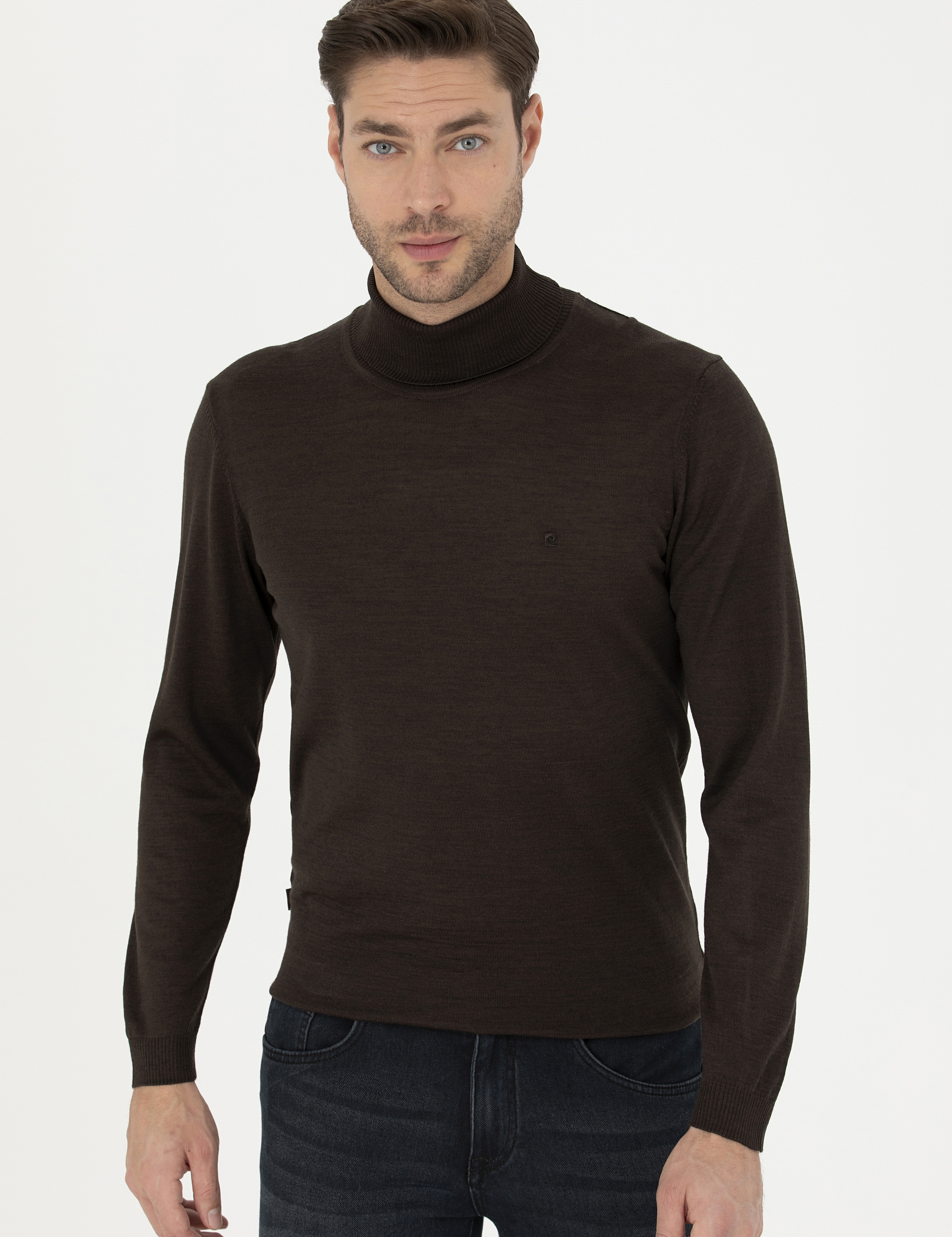 Kahverengi Slim Fit Balıkçı Yaka Yün Karışımlı Basic Triko Kazak - Image 3