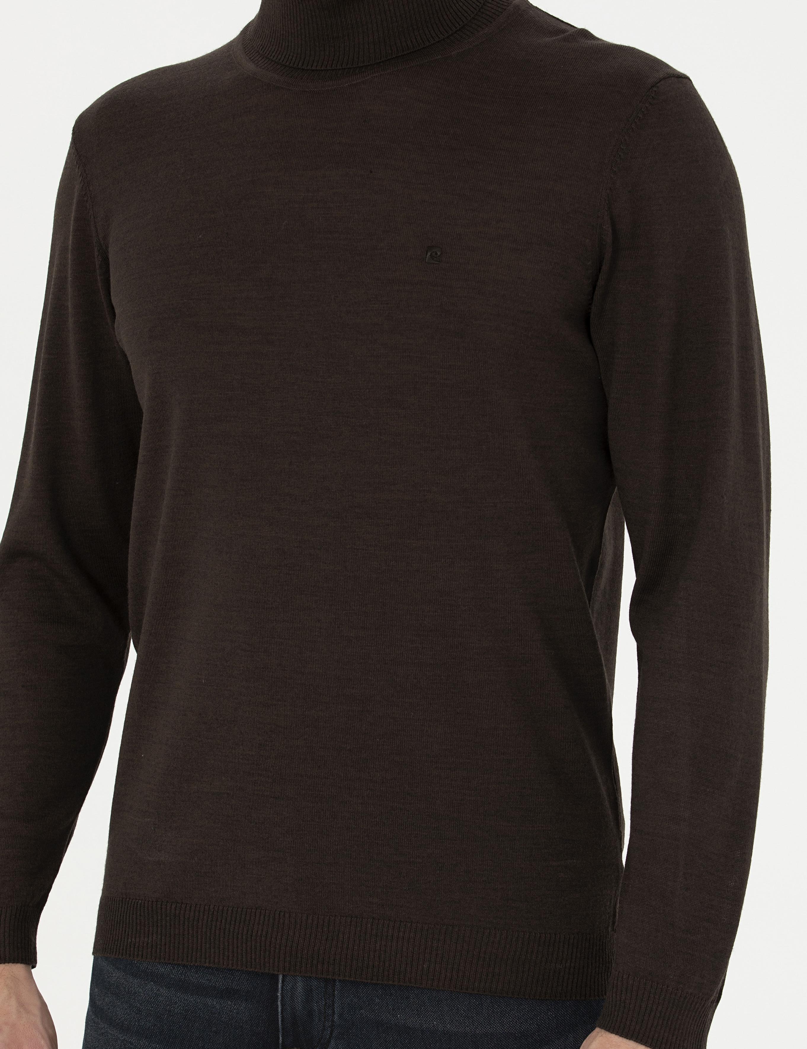 Kahverengi Slim Fit Balıkçı Yaka Yün Karışımlı Basic Triko Kazak