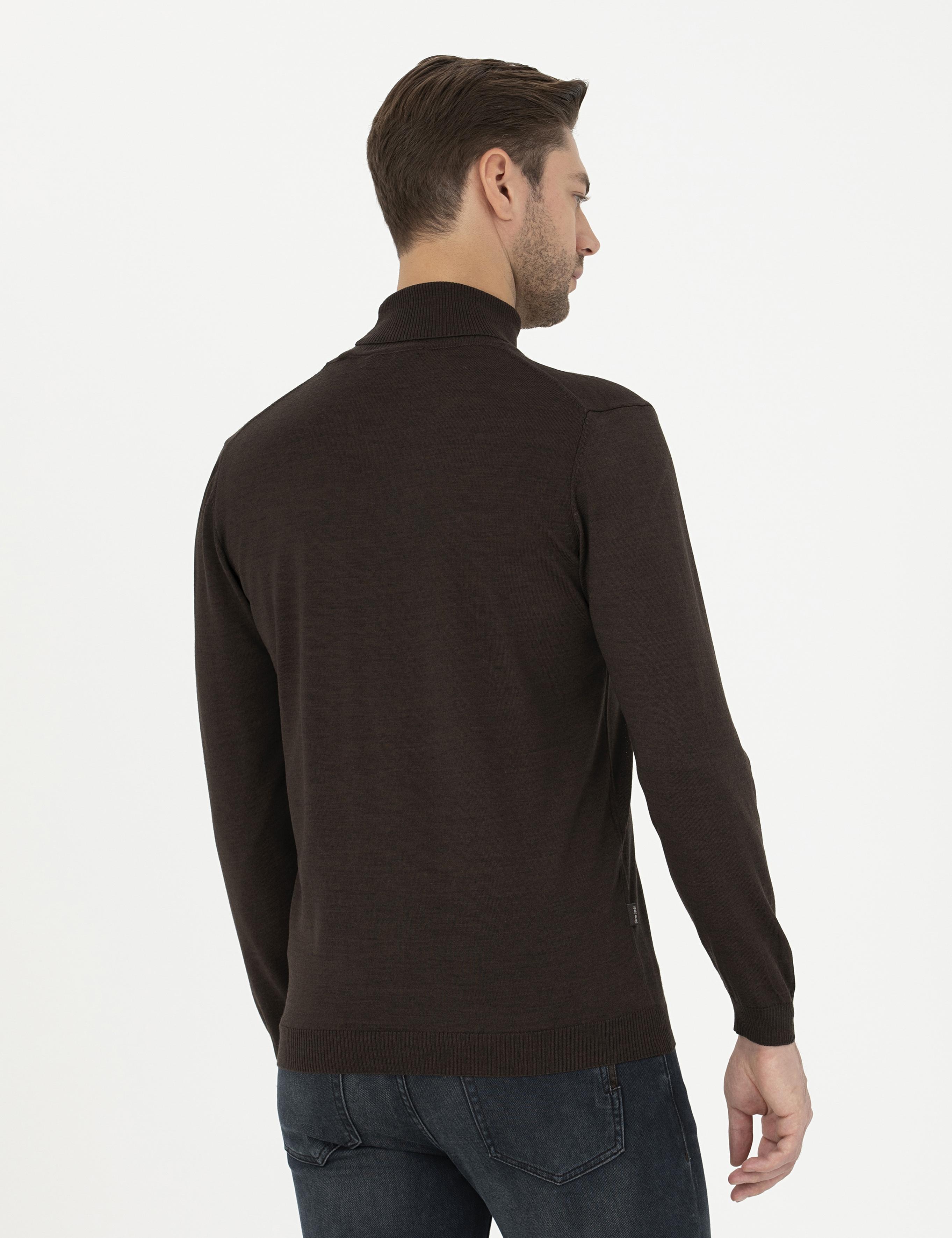 Kahverengi Slim Fit Balıkçı Yaka Yün Karışımlı Basic Triko Kazak