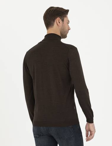 Kahverengi Slim Fit Balıkçı Yaka Yün Karışımlı Basic Triko Kazak