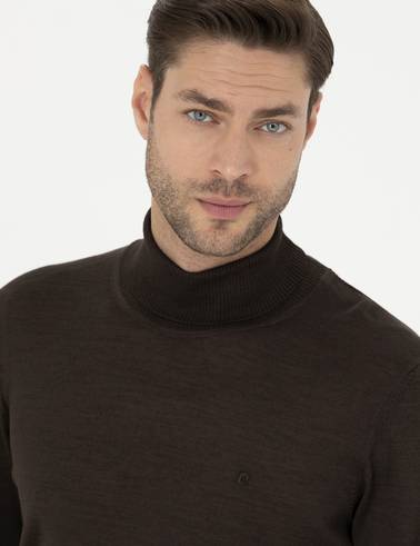 Kahverengi Slim Fit Balıkçı Yaka Yün Karışımlı Basic Triko Kazak