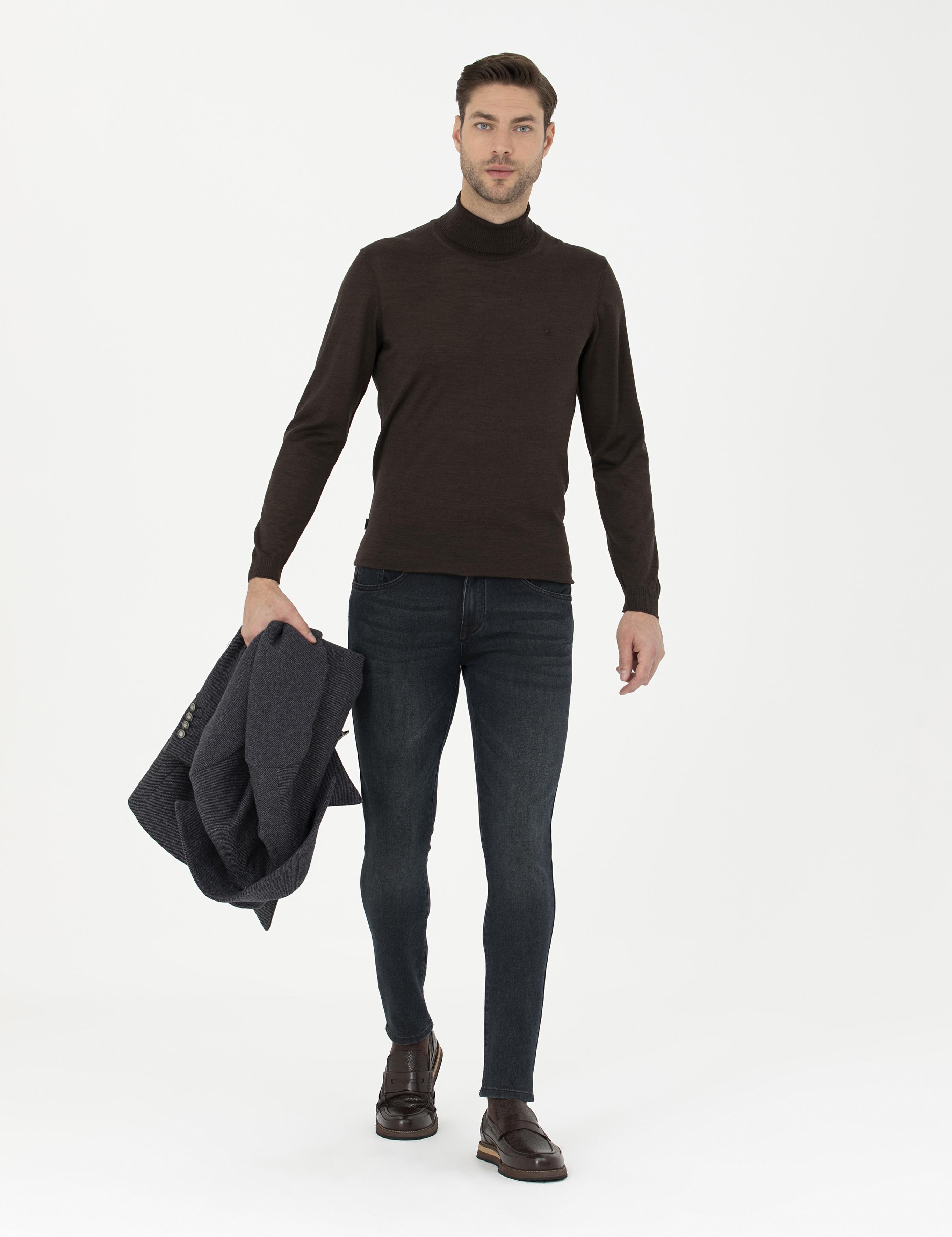 Kahverengi Slim Fit Balıkçı Yaka Yün Karışımlı Basic Triko Kazak