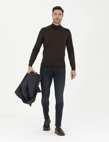 Kahverengi Slim Fit Balıkçı Yaka Yün Karışımlı Basic Triko Kazak