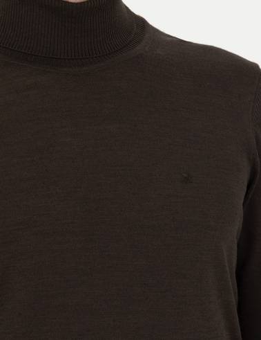 Kahverengi Slim Fit Balıkçı Yaka Yün Karışımlı Basic Triko Kazak