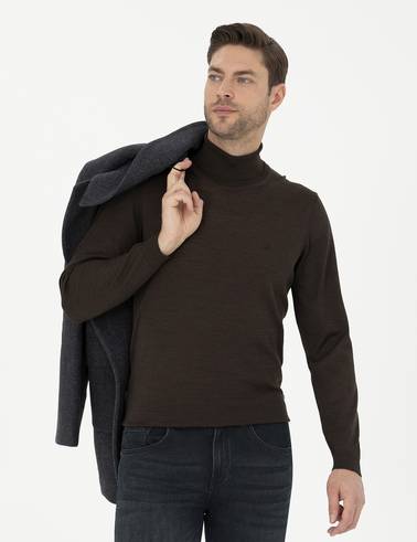 Kahverengi Slim Fit Balıkçı Yaka Yün Karışımlı Basic Triko Kazak