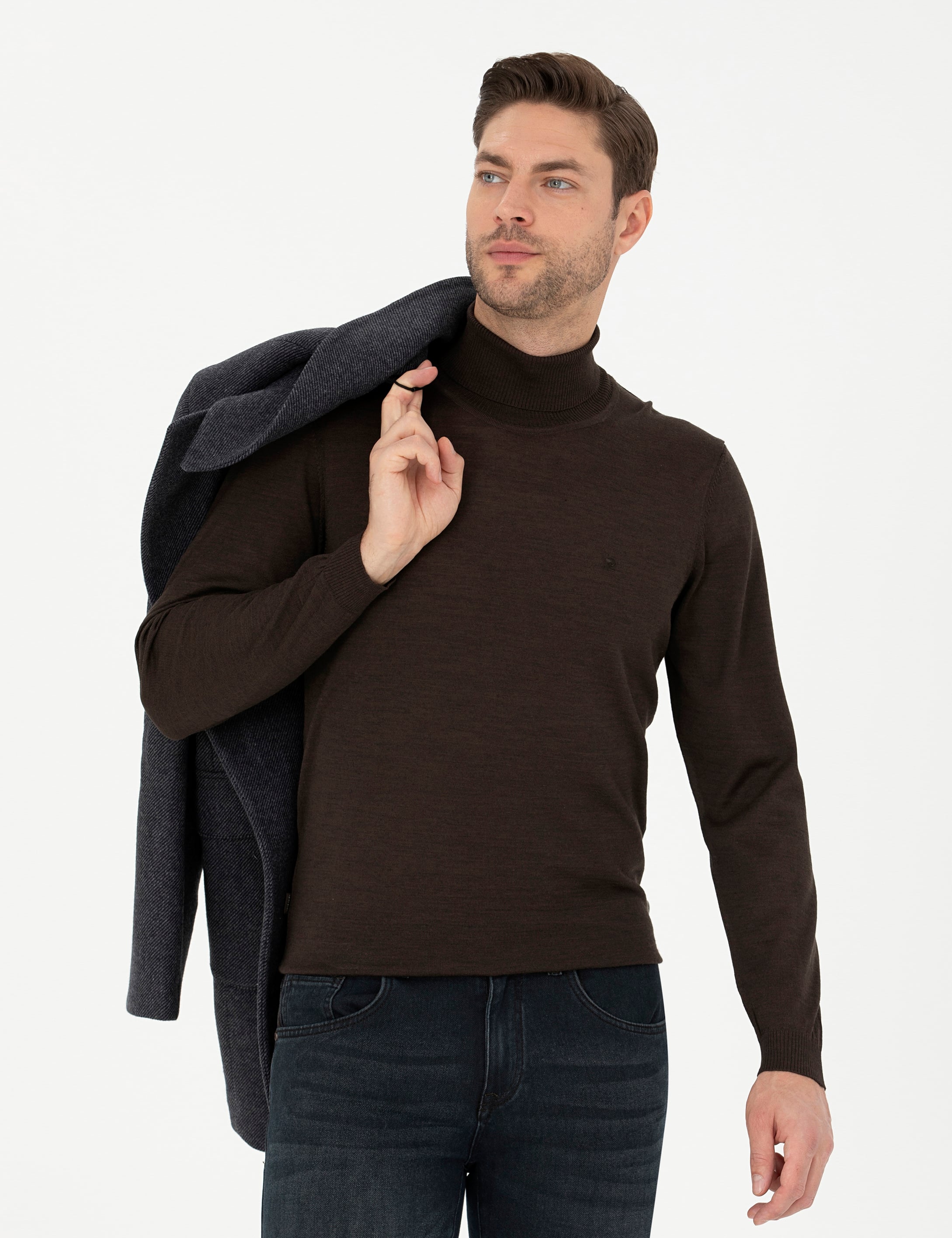 Kahverengi Slim Fit Balıkçı Yaka Yün Karışımlı Basic Triko Kazak