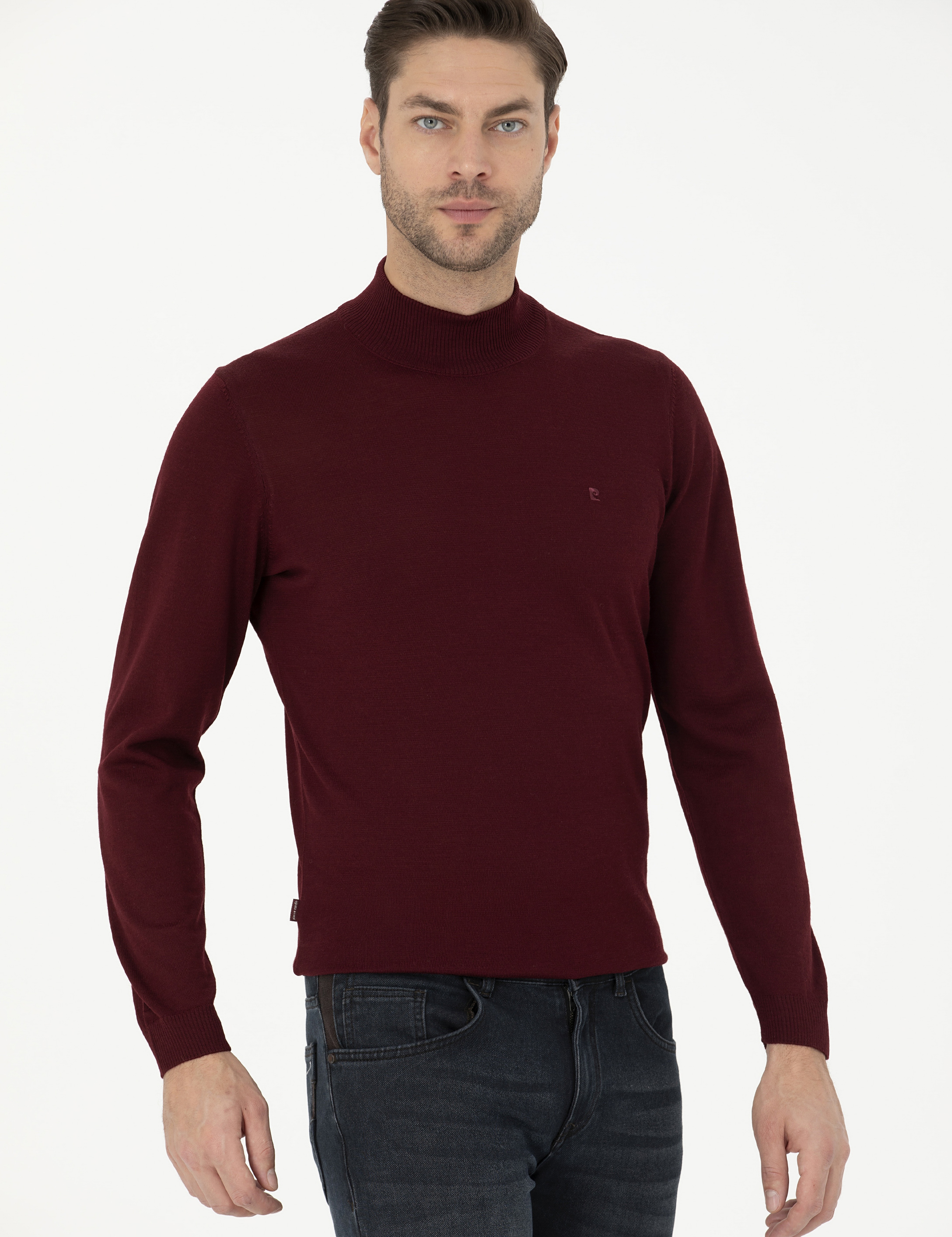 Kırmızı Slim Fit Yarım Balıkçı Yaka Yün Karışımlı Basic Triko Kazak - Image 3