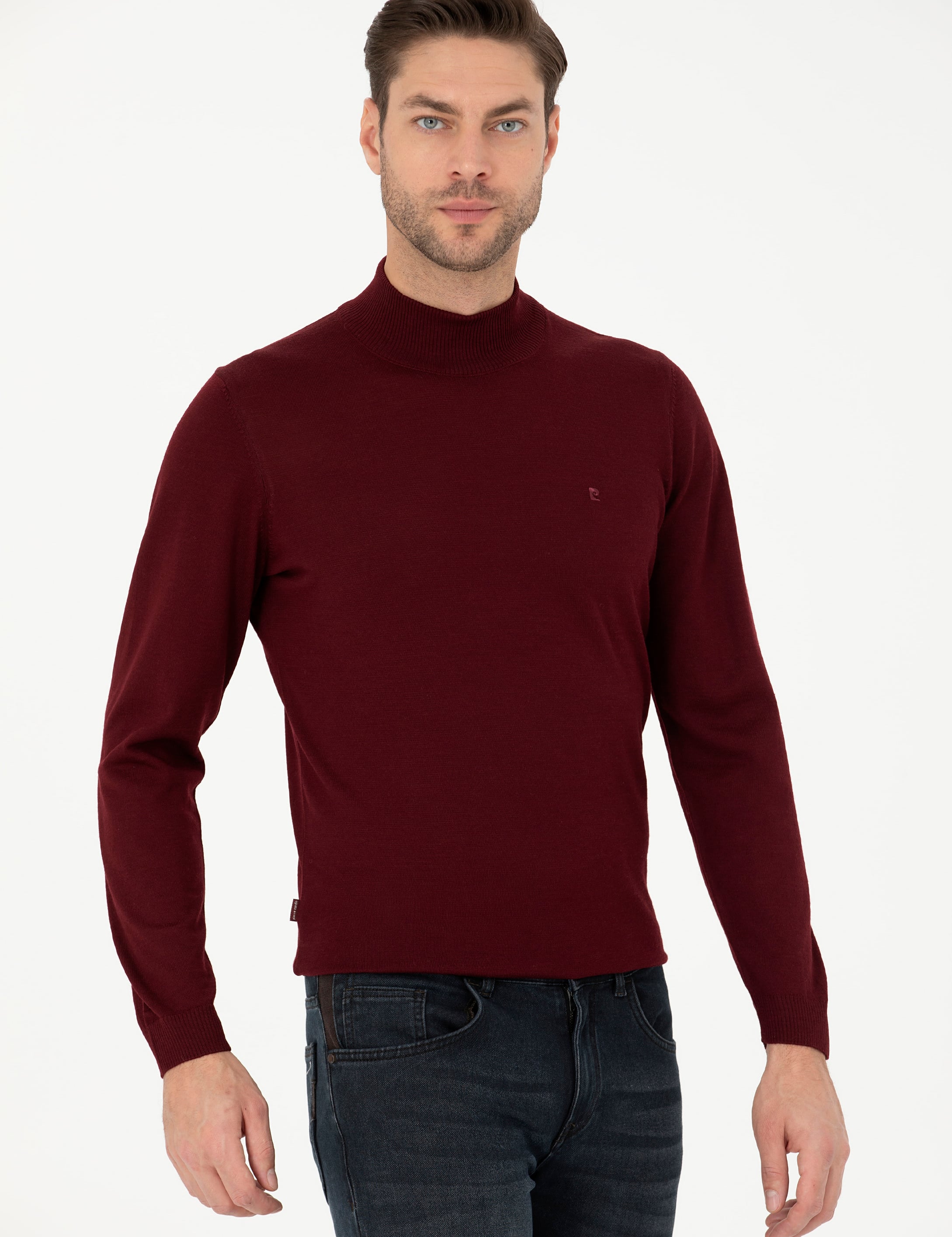 Kırmızı Slim Fit Yarım Balıkçı Yaka Yün Karışımlı Basic Triko Kazak