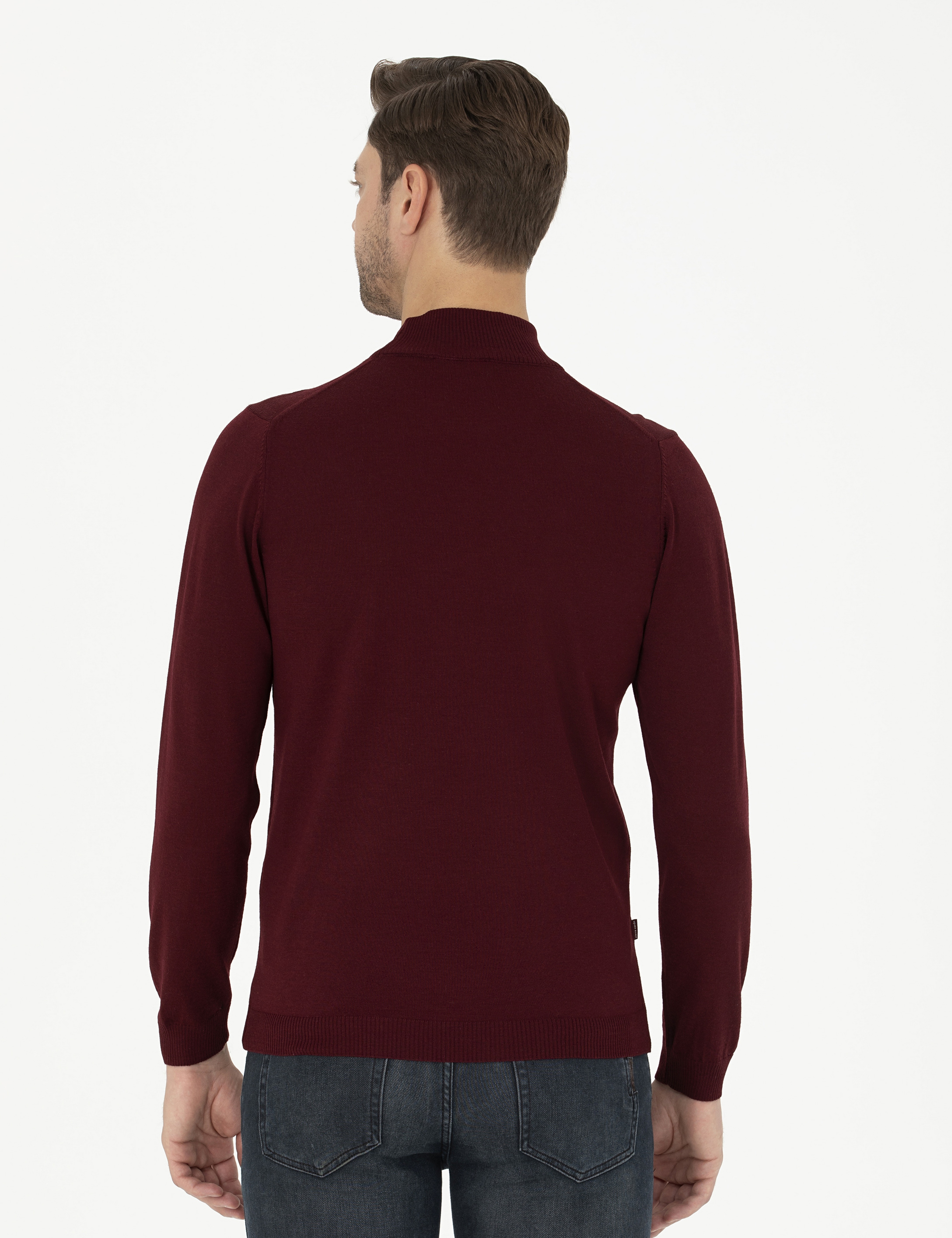 Kırmızı Slim Fit Yarım Balıkçı Yaka Yün Karışımlı Basic Triko Kazak - Image 5