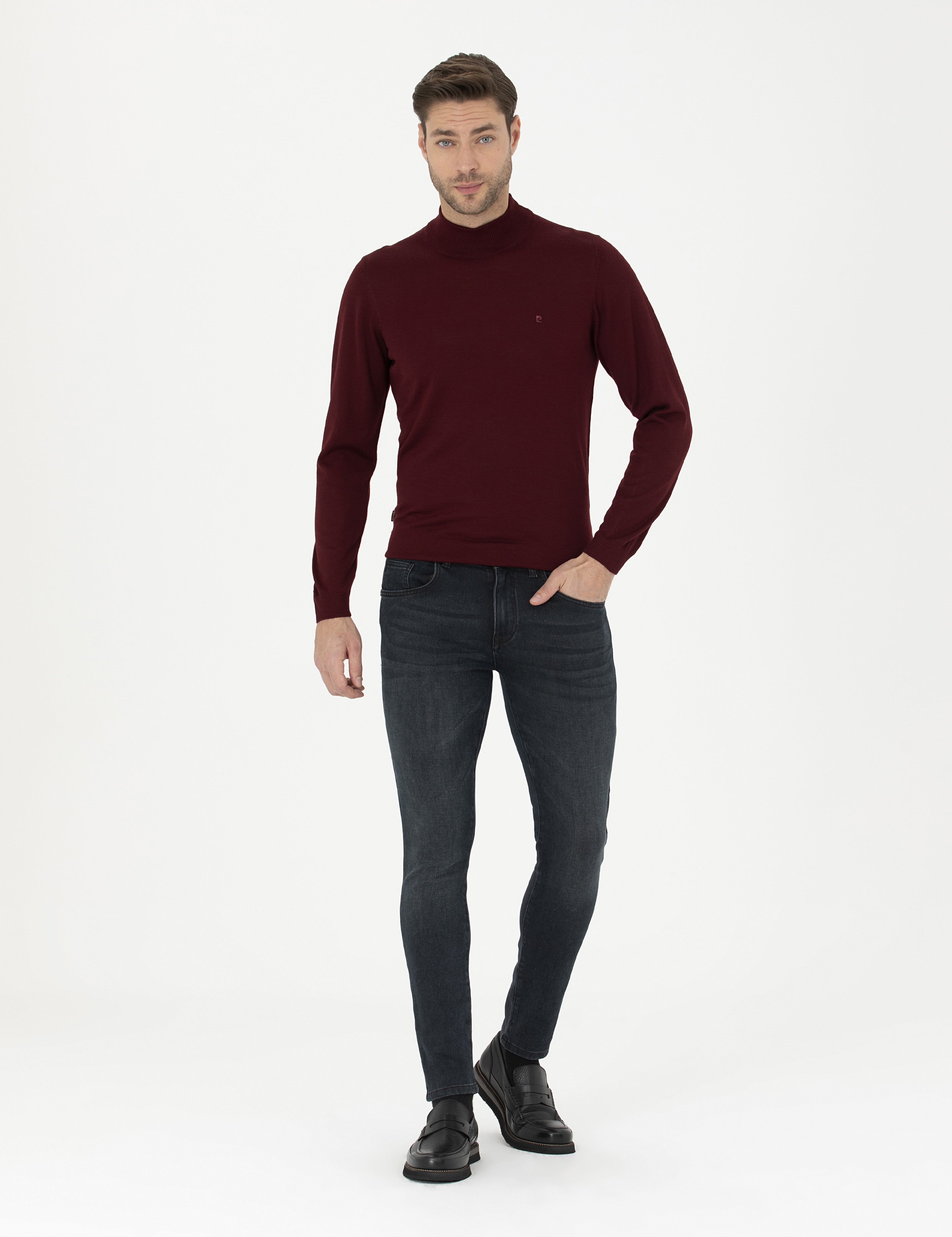 Kırmızı Slim Fit Yarım Balıkçı Yaka Yün Karışımlı Basic Triko Kazak - Image 4