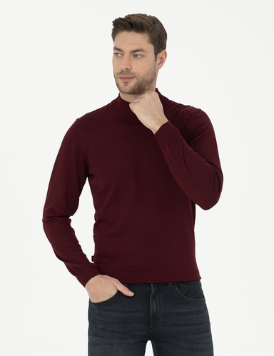 Kırmızı Slim Fit Yarım Balıkçı Yaka Yün Karışımlı Basic Triko Kazak