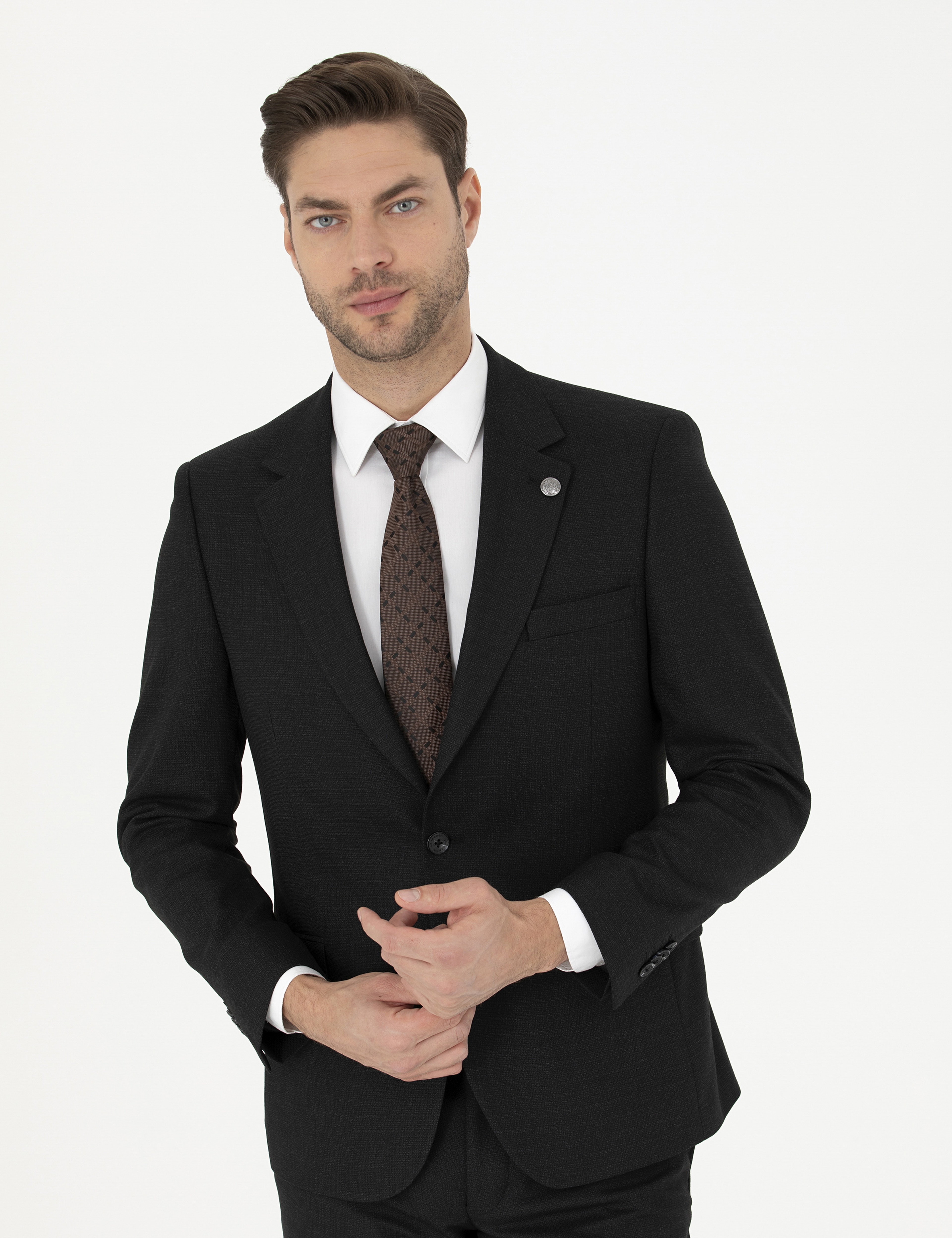 Siyah Slim Fit Çizgili Takım Elbise