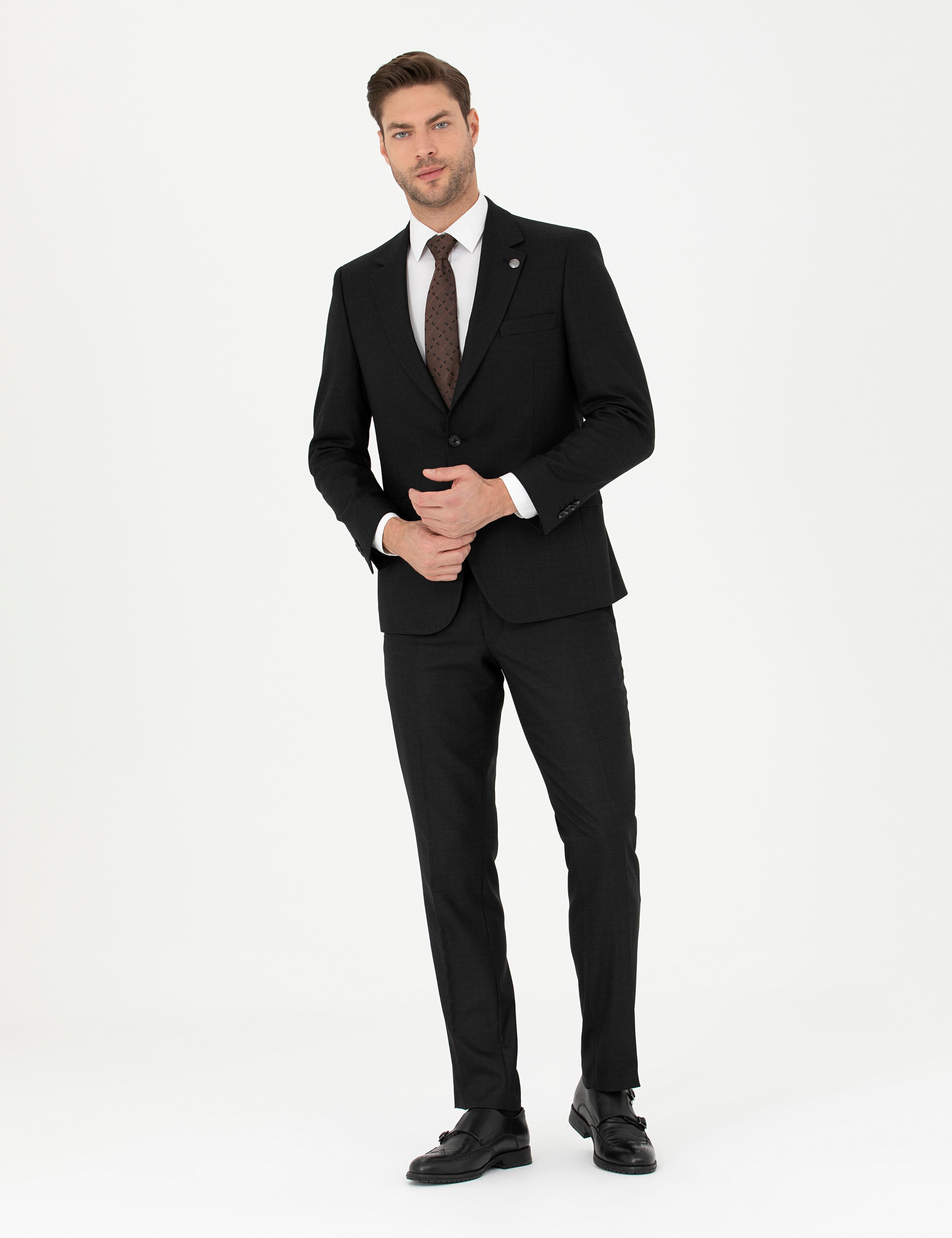 Siyah Slim Fit Çizgili Takım Elbise - Image 1