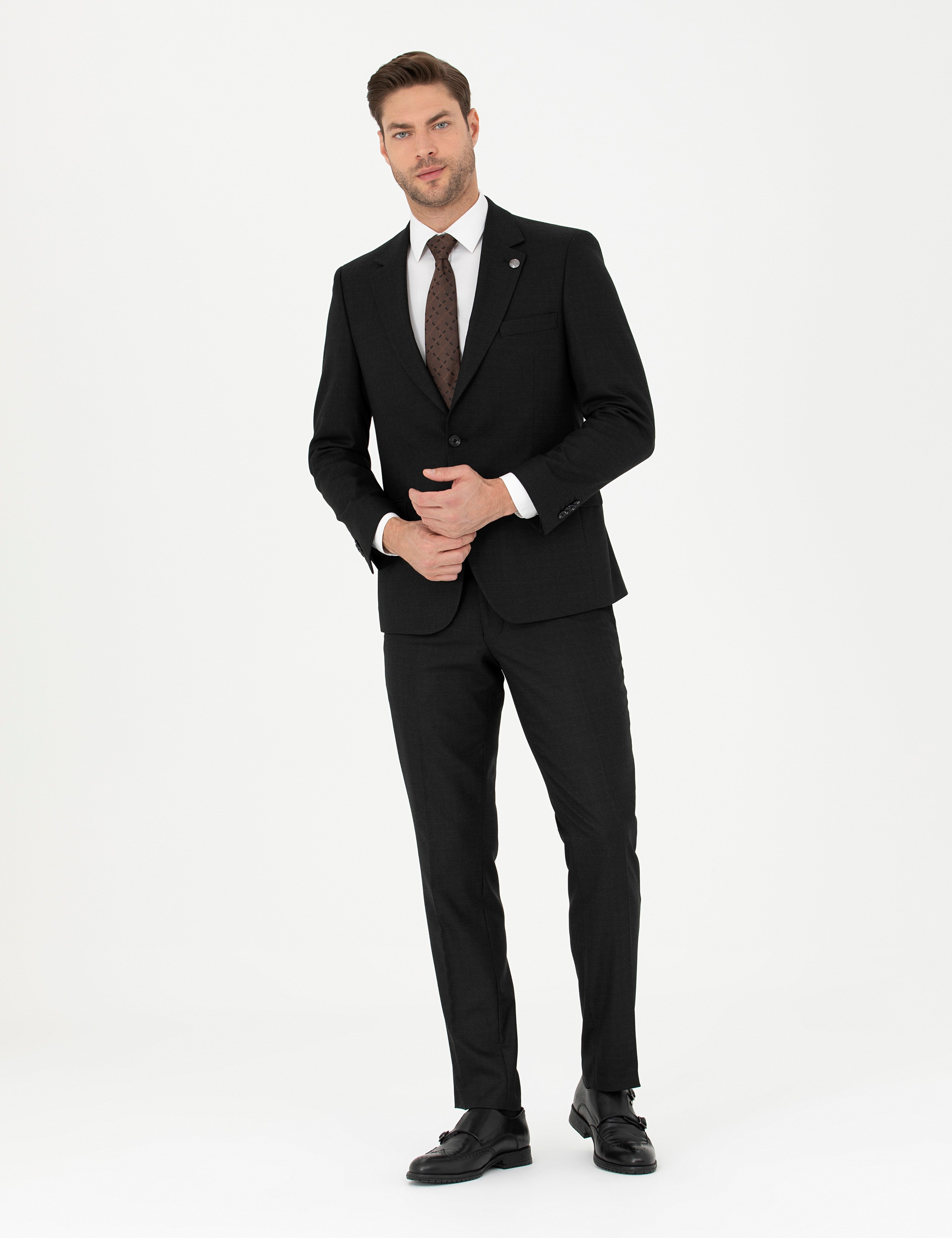 Siyah Slim Fit Çizgili Takım Elbise