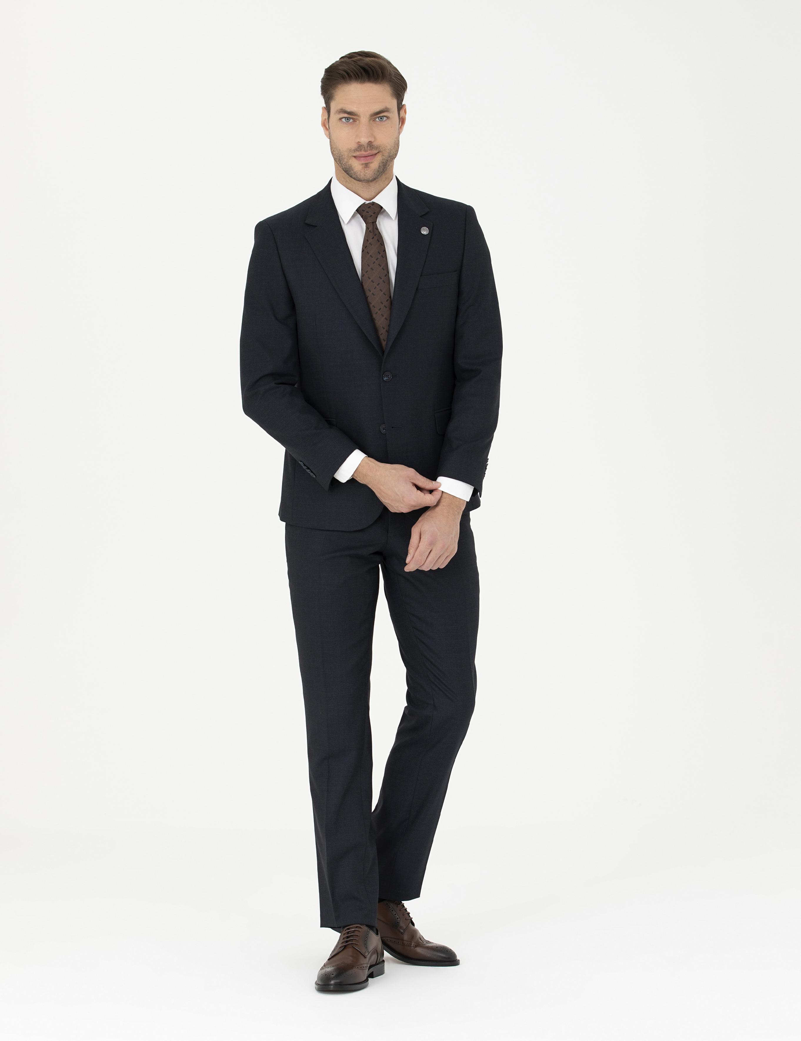 Lacivert Slim Fit Çizgili Takım Elbise