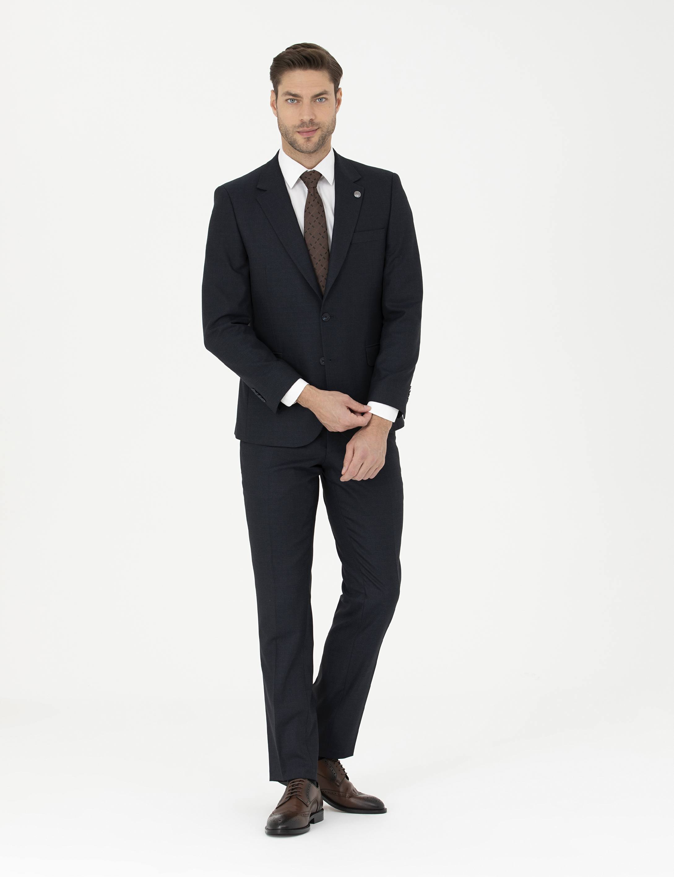 Lacivert Slim Fit Çizgili Takım Elbise