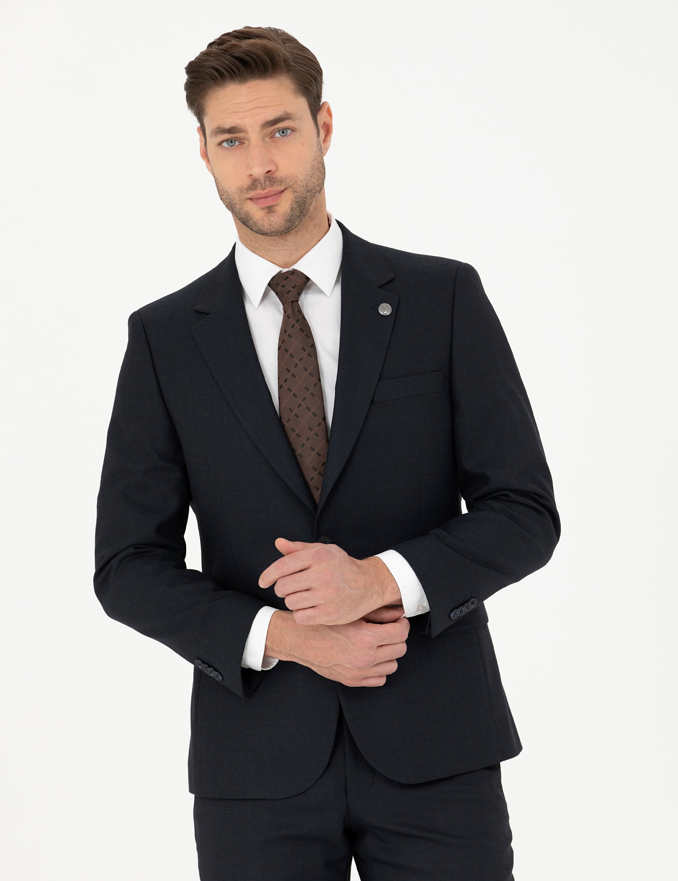 Lacivert Slim Fit Çizgili Takım Elbise