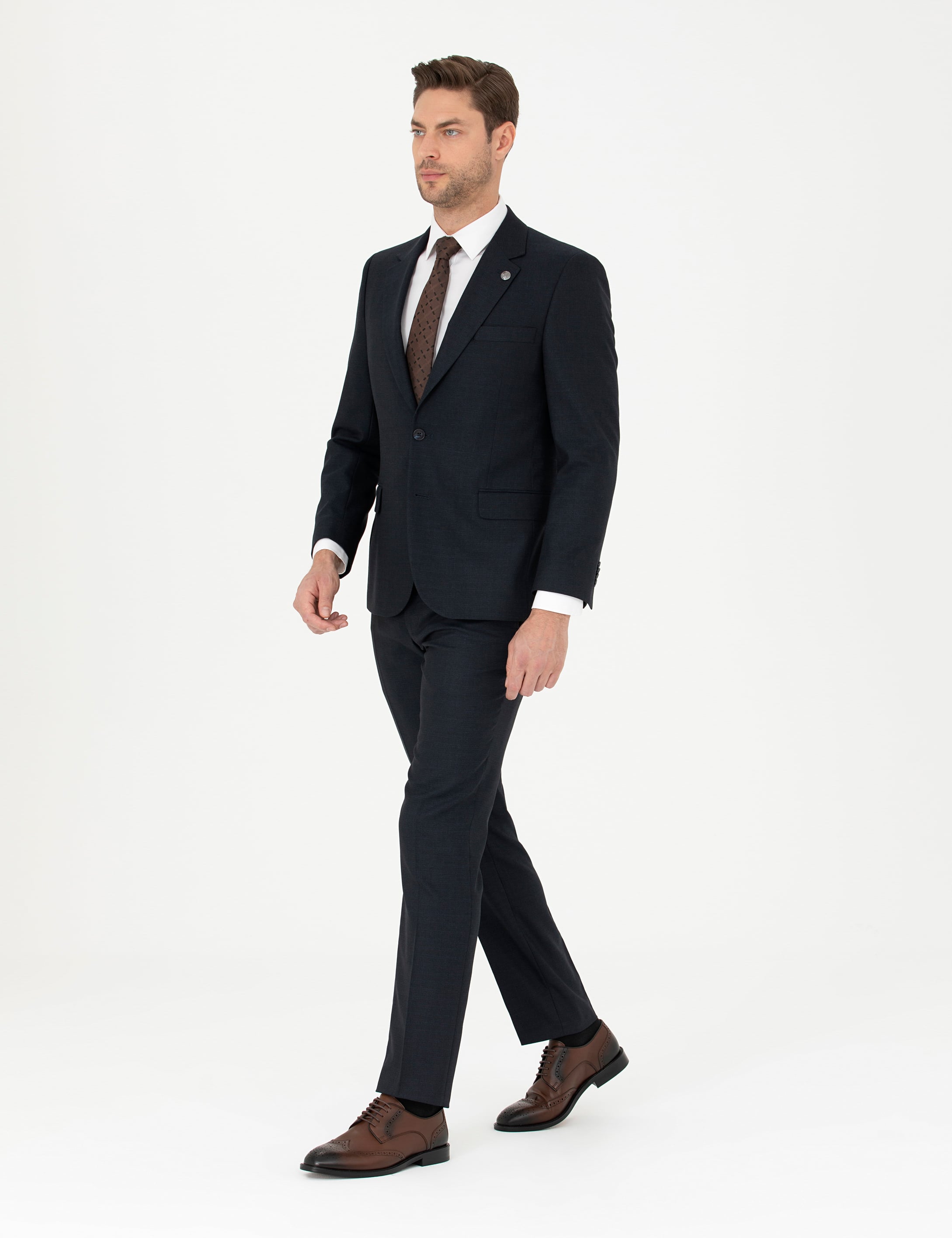 Lacivert Slim Fit Çizgili Takım Elbise - Image 1