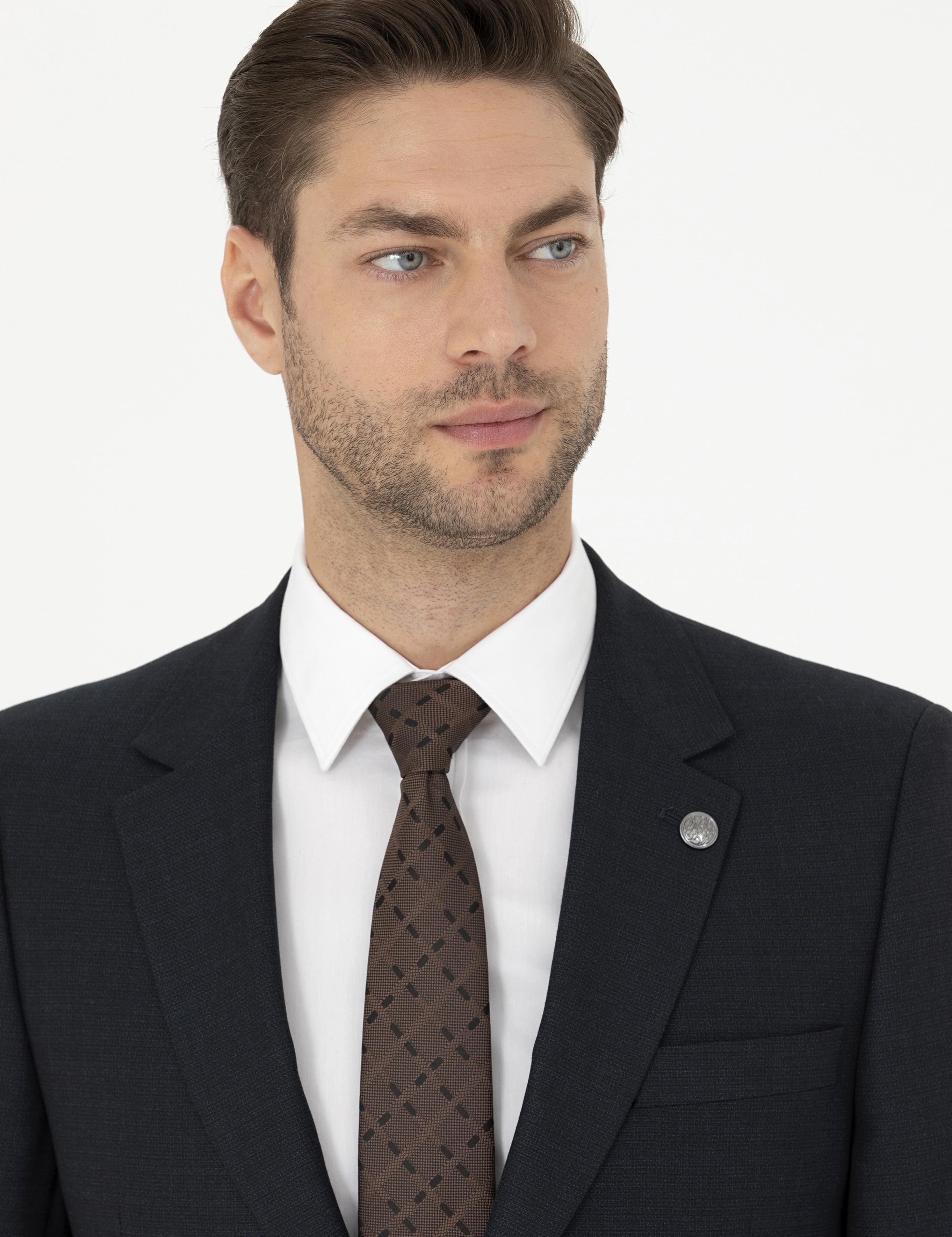 Lacivert Slim Fit Çizgili Takım Elbise