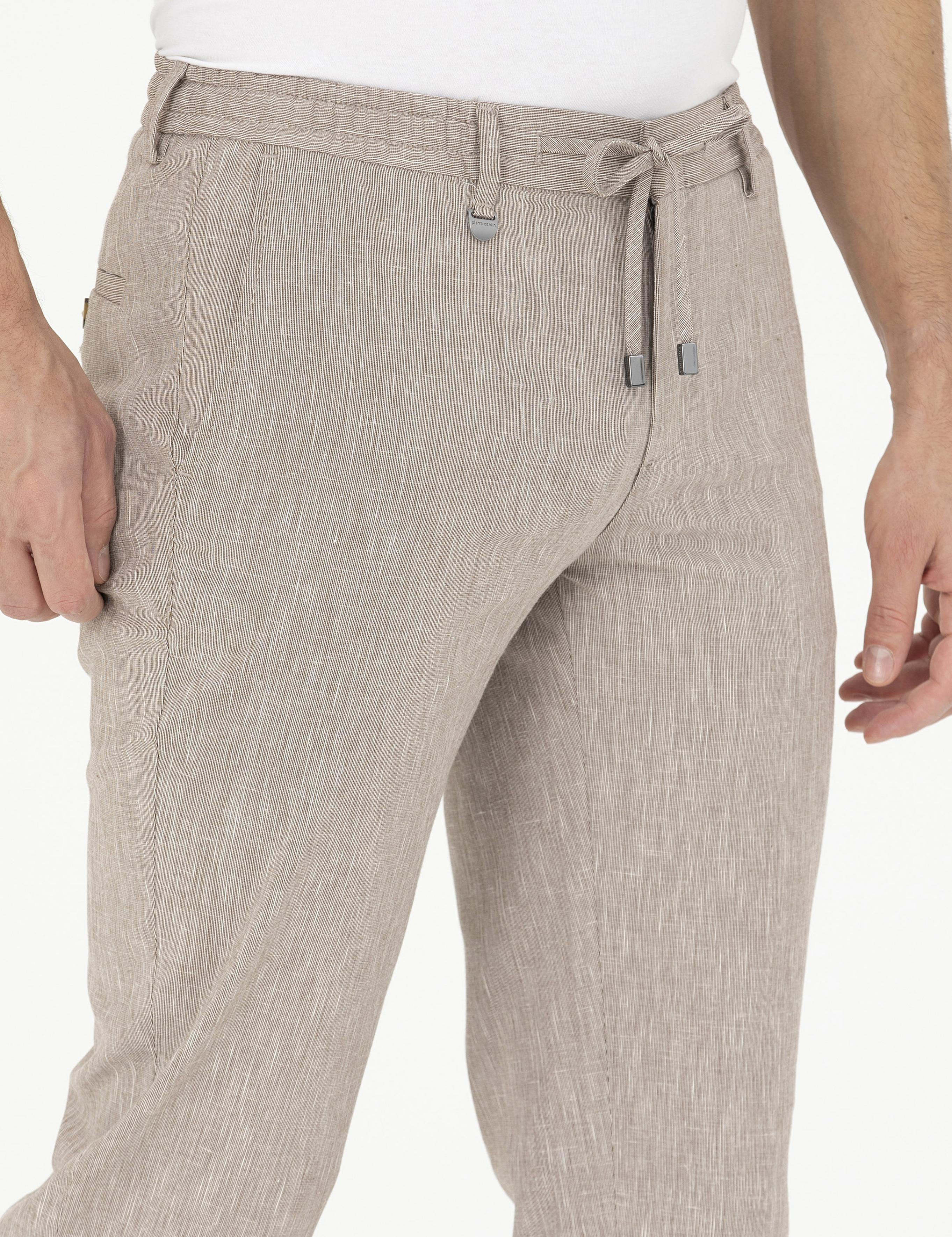 Açık Kahverengi Ex. Slim Fit Keten Karışımlı Kumaş Pantolon