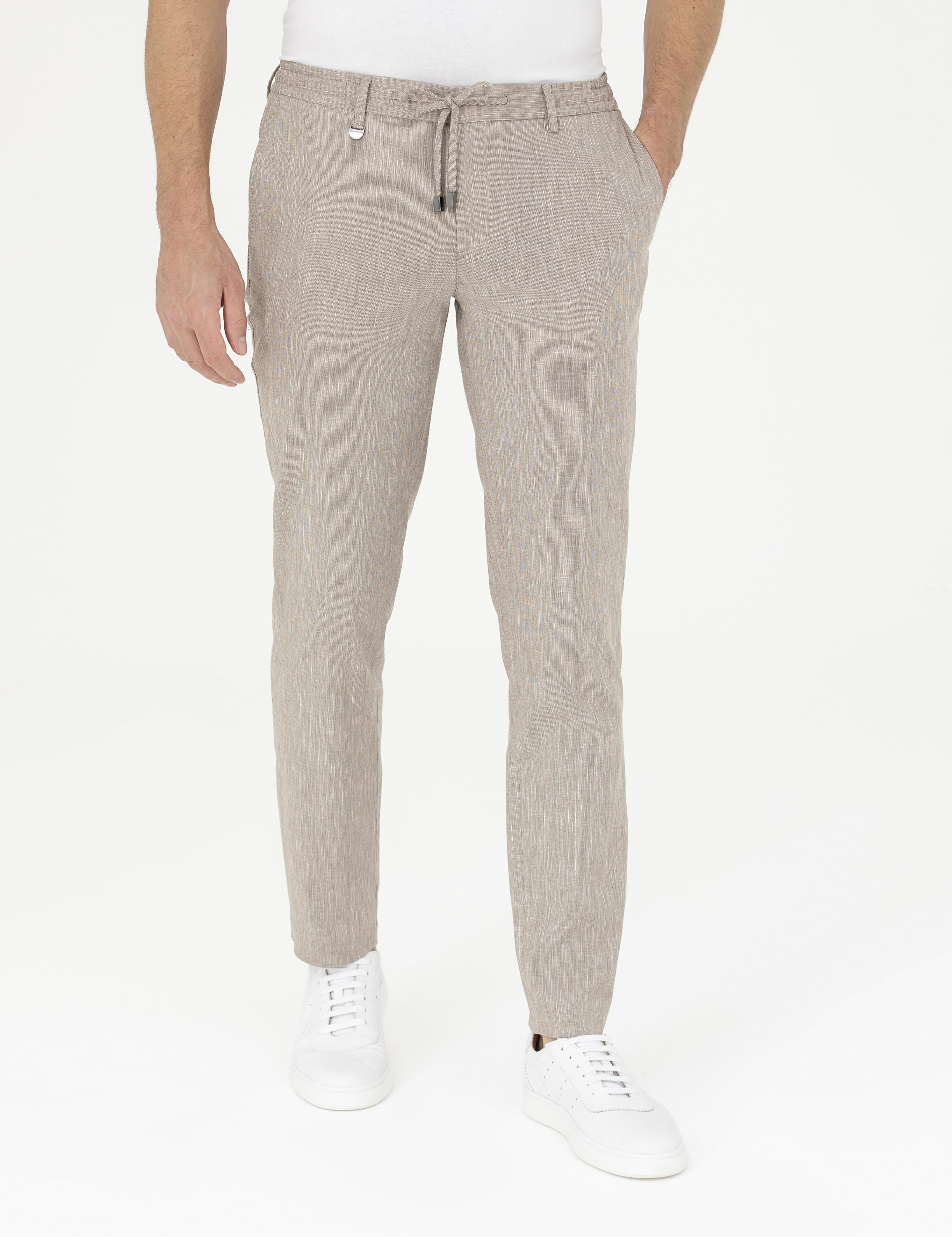 Açık Kahverengi Ex. Slim Fit Keten Karışımlı Kumaş Pantolon