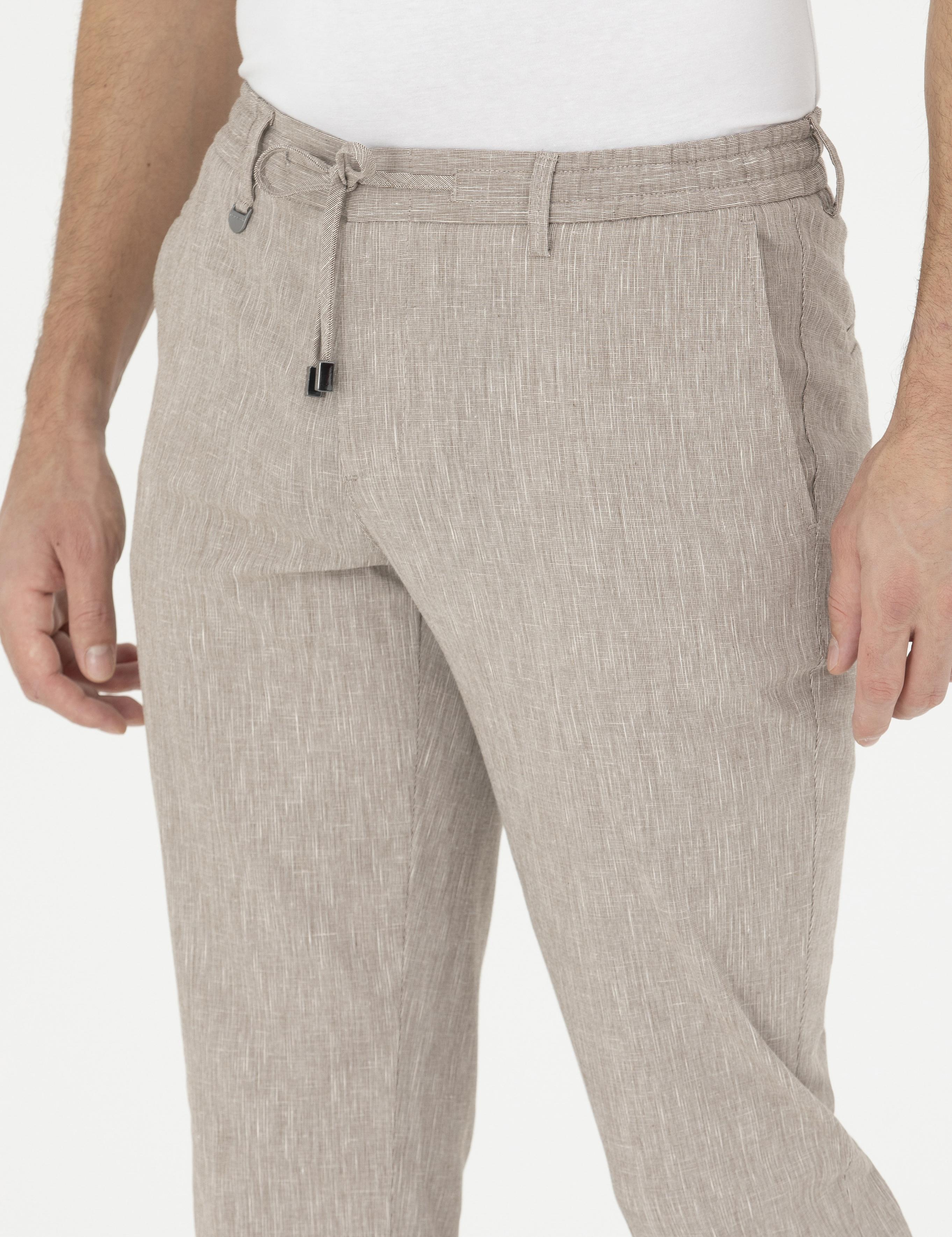 Açık Kahverengi Ex. Slim Fit Keten Karışımlı Kumaş Pantolon