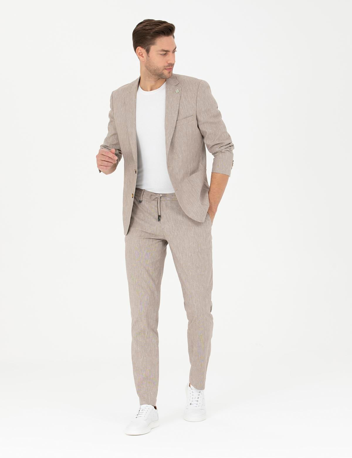 Açık Kahverengi Ex. Slim Fit Keten Karışımlı Kumaş Pantolon