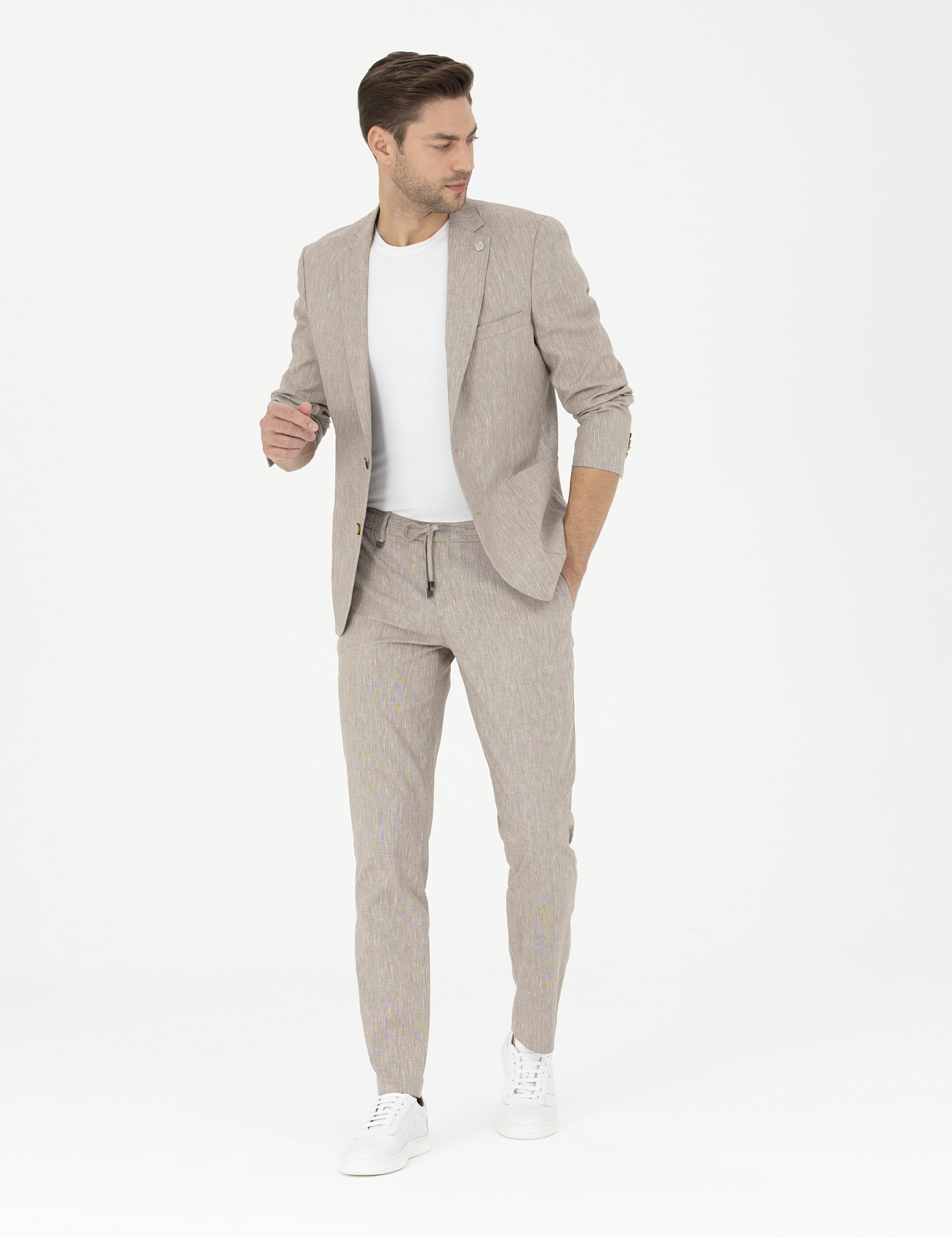 Açık Kahverengi Ex. Slim Fit Keten Karışımlı Kumaş Pantolon